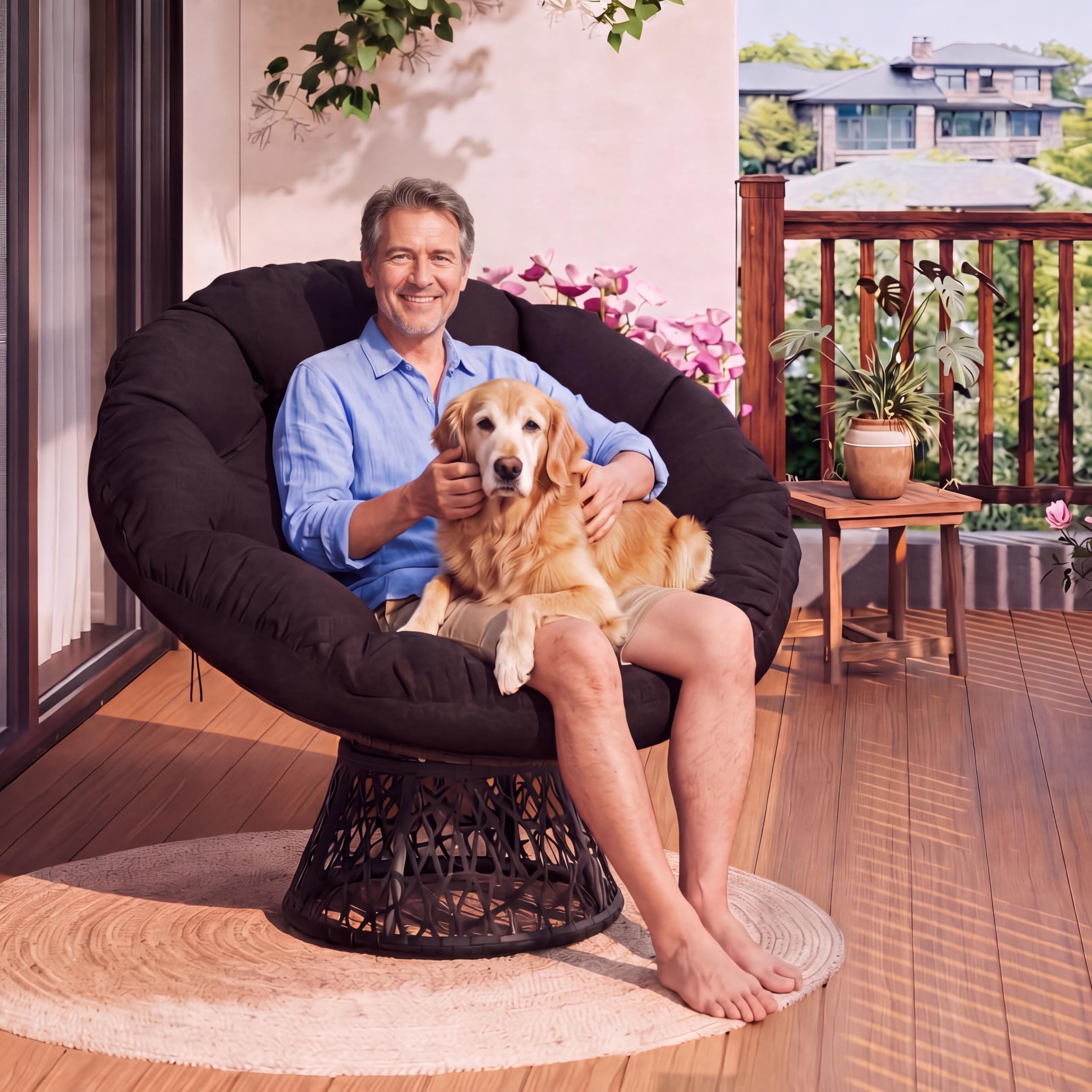 Papasan Sessel XL 94 cm Drehbar Rattan Optik Grau | 360° drehbarer Loungesessel mit dickem Kissen Stahlrahmen bis 160 kg für Innen und Außen