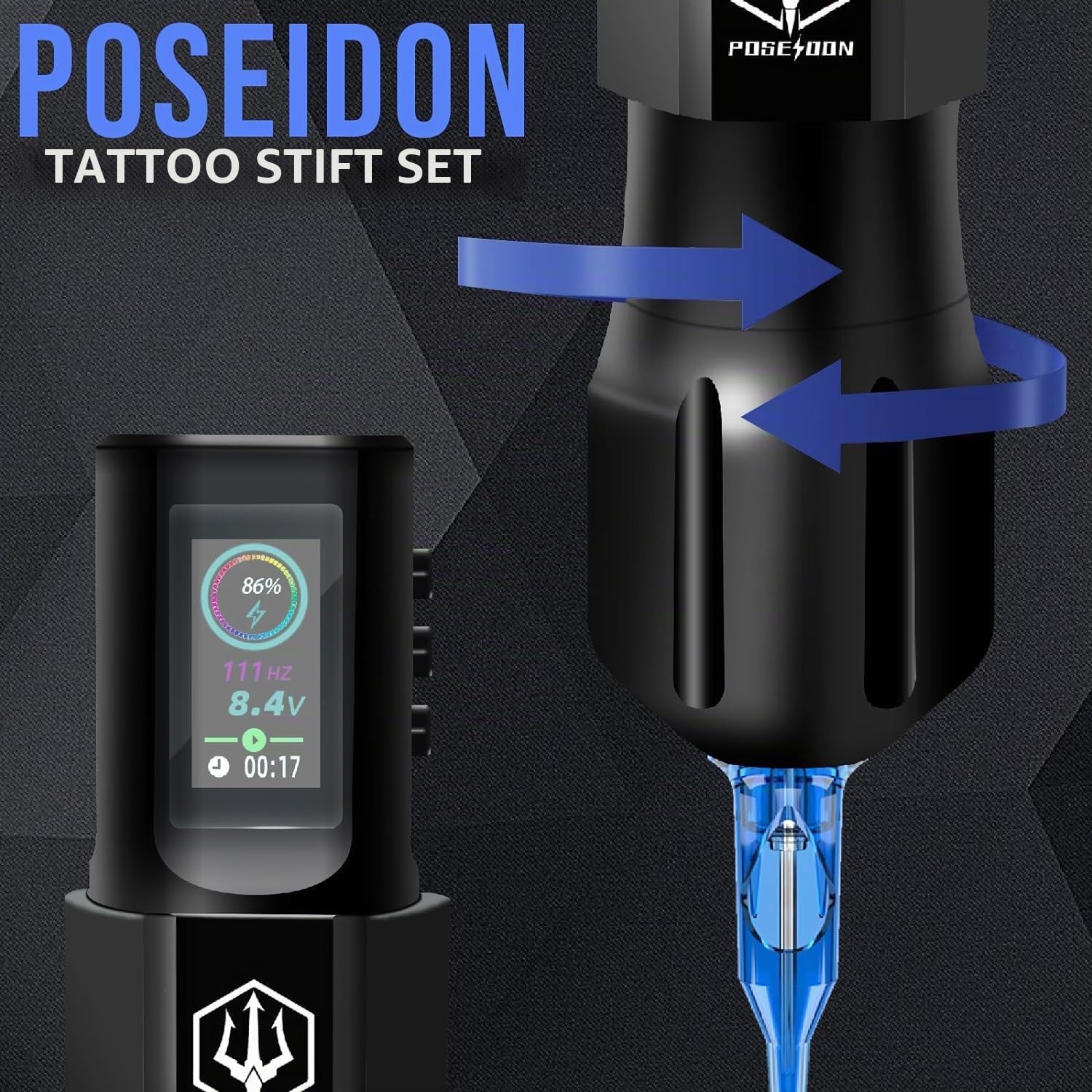 POSEIDON Tattoo-Pistole-Set – Stift mit 20 Nadeln und kabelloser Stromversorgung, Stift-Set mit digitaler LED-Anzeige, Tattoo-Maschine, Tattoo-Zubehör für Künstler