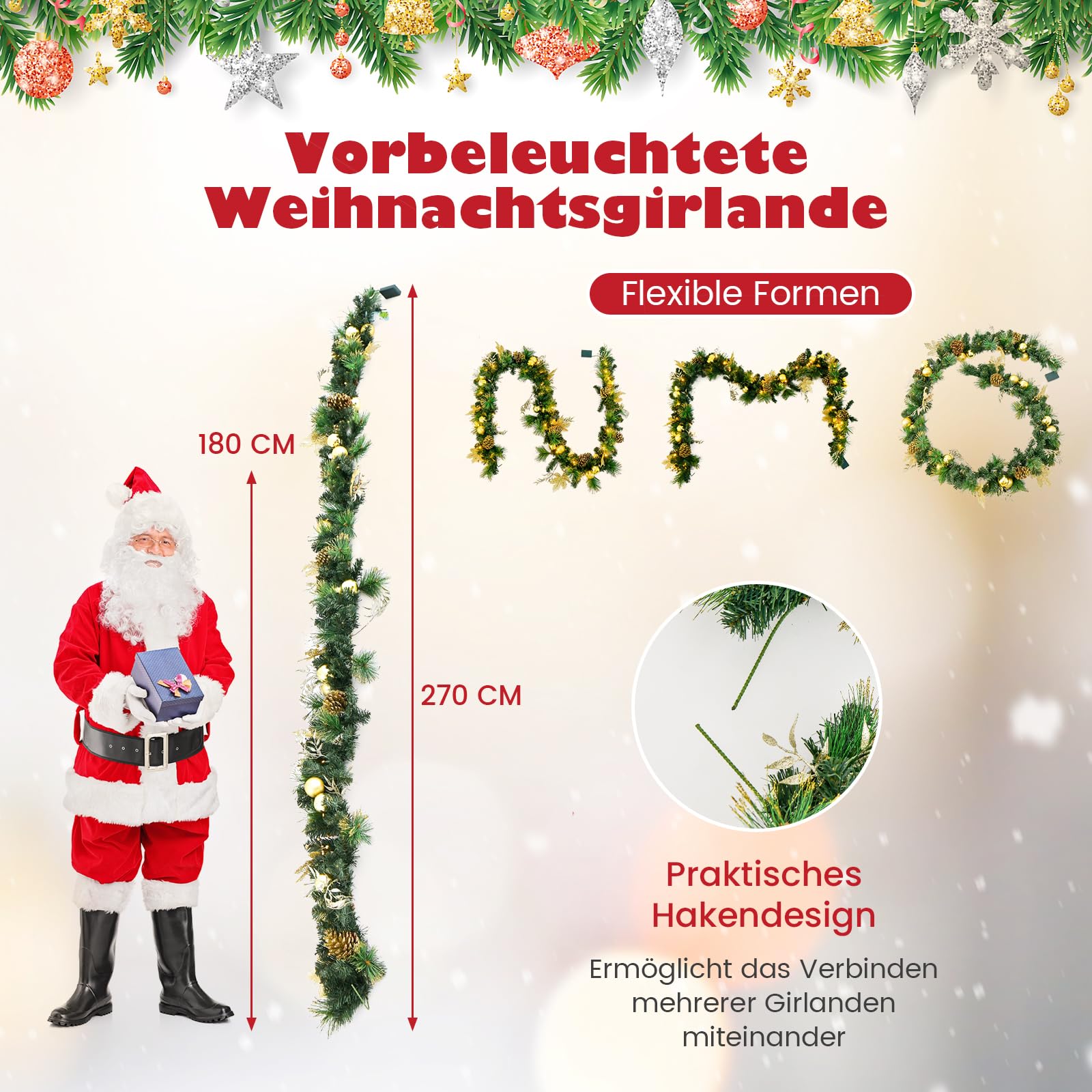 COSTWAY 270cm Weihnachtsgirlande mit Beleuchtung, 50 LEDs warmweiß, künstliche Tannengirlande mit Tannenzapfen & goldenen Kugeln, Tür Kamine Treppe Innen Außen, beleuchtete Weihnachtsdeko, Grün