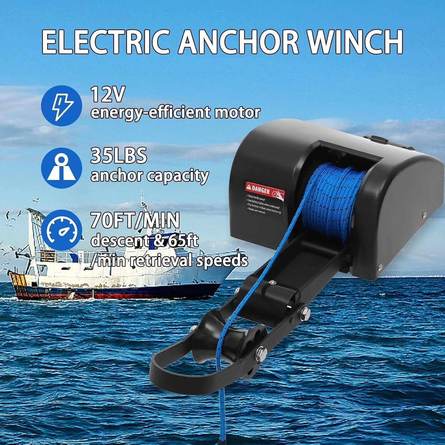 Electric Anchor Winch with Remote Control, 12V Waterproof for Boats, Speedboats, and Fishing, Enhances Deckboat Anchors Storage