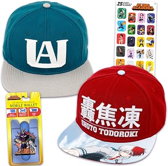 My Hero Academia Hat for Boys 2 Pack - UA High School Bundle with 2 MHA Baseball Caps Plus Bookmark, More | My Hero Academia Snapbacks for Kids Multicolor