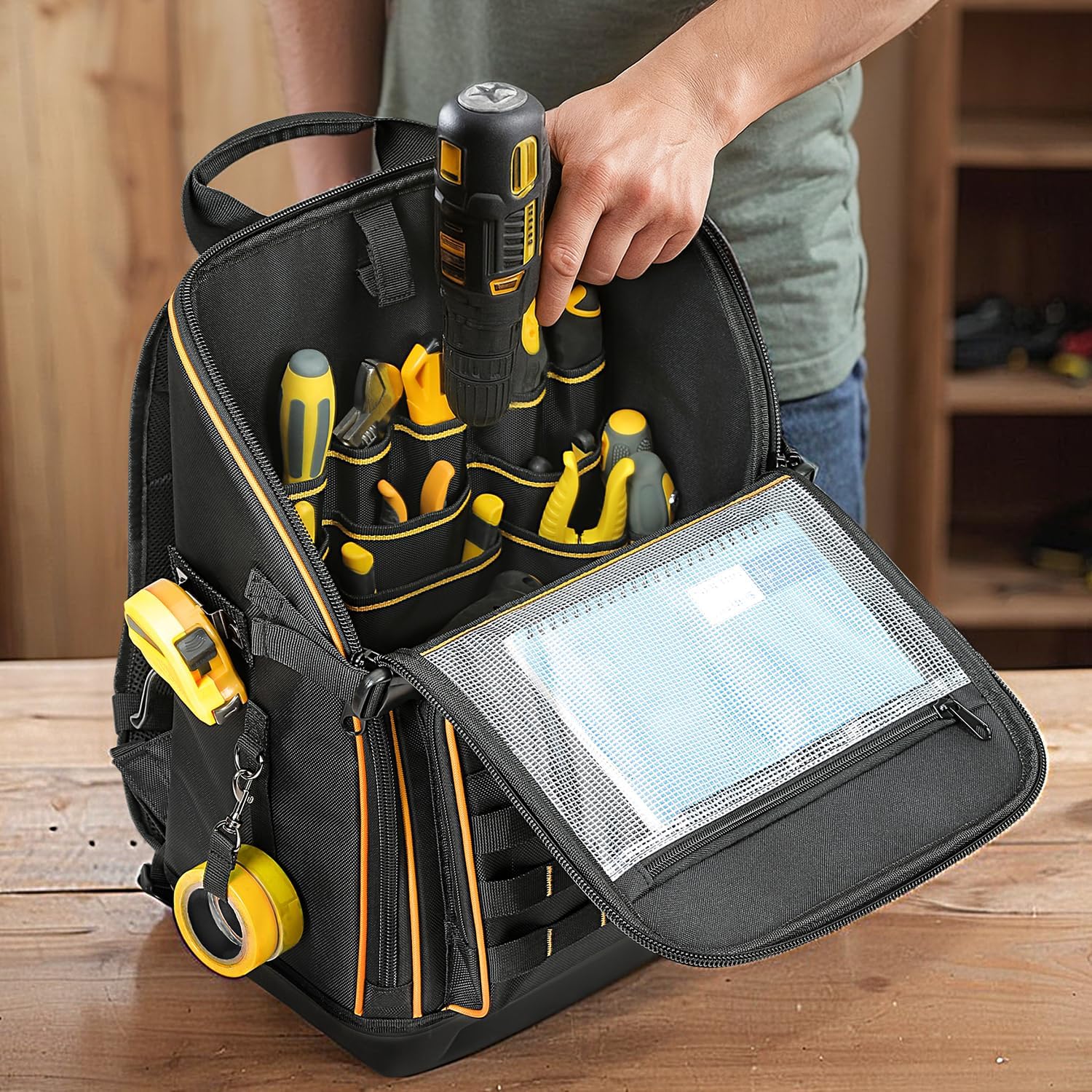 Tool Backpack with Padded Air-Mesh Back, 19.7 x 15.4 x 8.3 inches, Adjustable Straps, Black