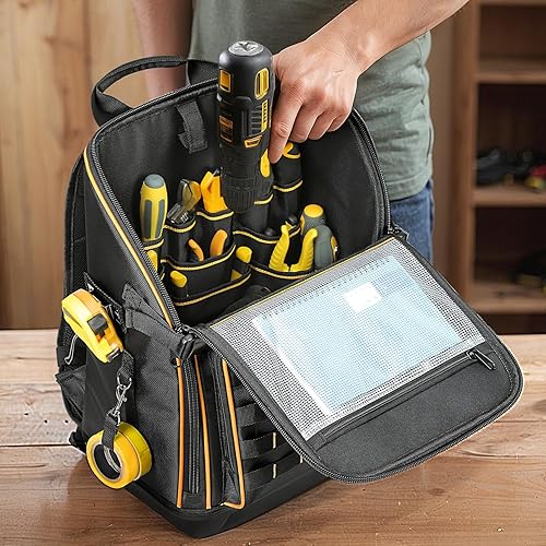 Miniatura 8 de Mochila de herramientas con respaldo acolchado de malla de aire, 19.7 x 15.4 x 8.3 pulgadas, correas ajustables, color negro