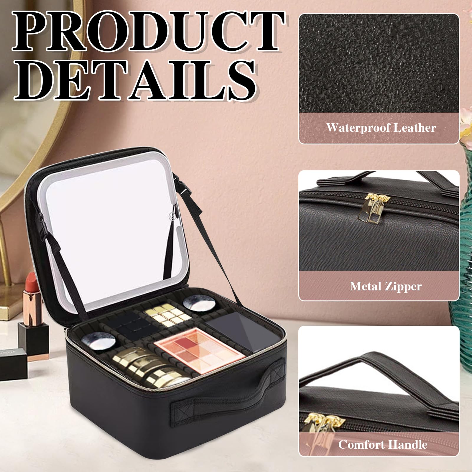 Kosmetiktasche mit LED Beleuchtung Spiegel, Kosmetikkoffer Damen Make up Tasche Make up Koffer Reise Schminkkoffer Damen, Einstellbare Helligkeit in 3 Farben, Makeup Organizer für Geschenk (Schwarz)