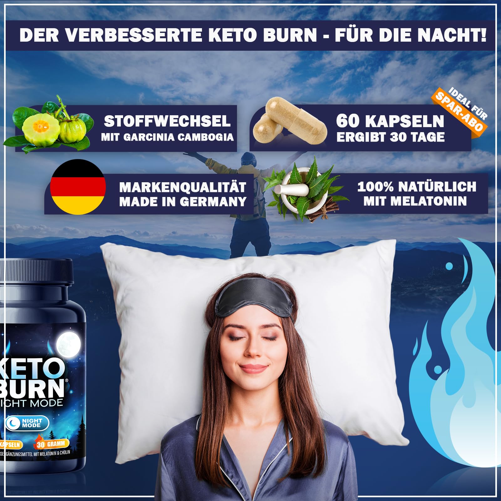 NEU: KETO BURN® Night Mode Kapseln 2er Packung mit 0,5 mg Melatonin & Cholin, Stoffwechsel Rezeptur extrem - schnell & endlich - verbesserte Formel für die Nacht, für Frauen + Männer