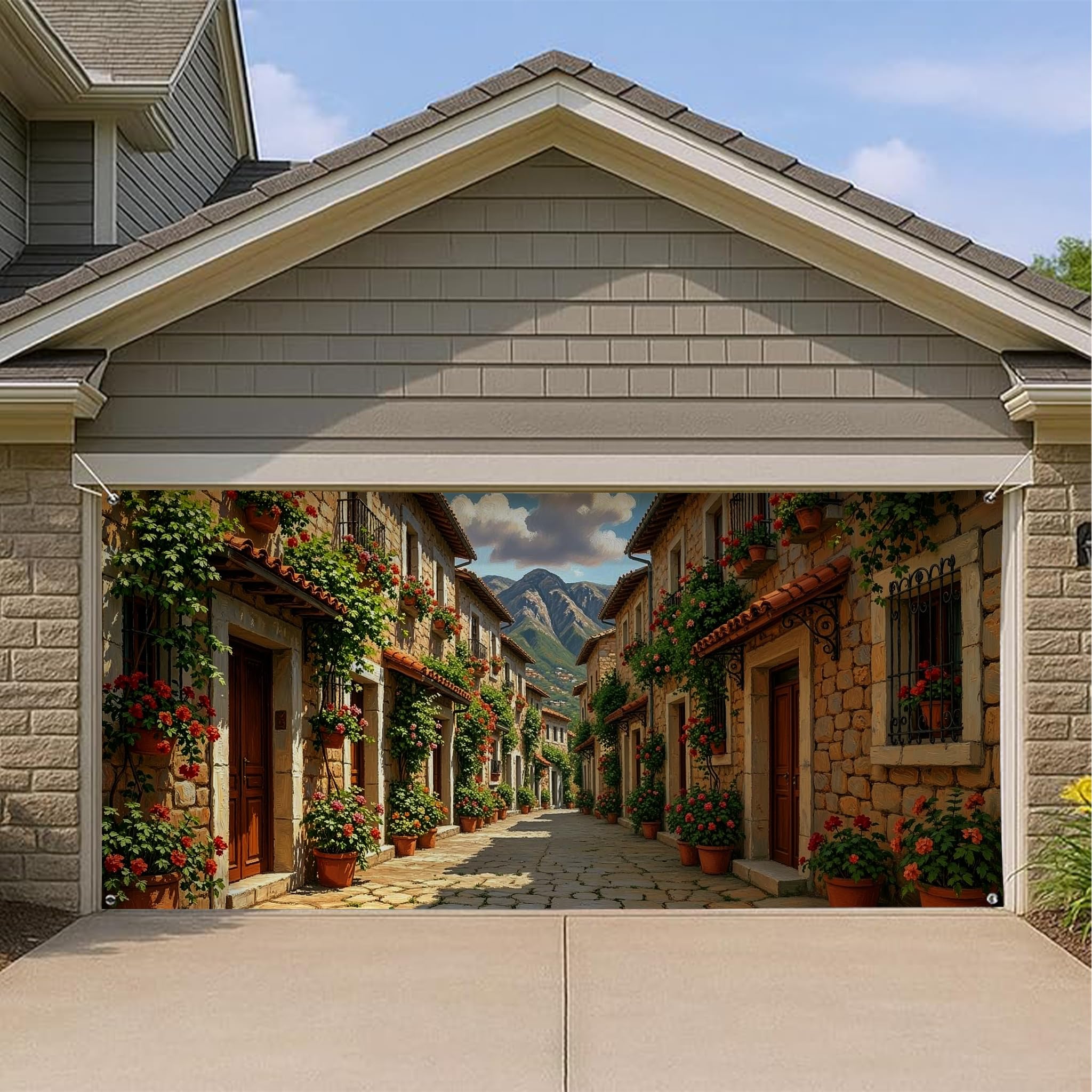 Housse de porte de garage en pierre rustique Charming Village 397x180 cm