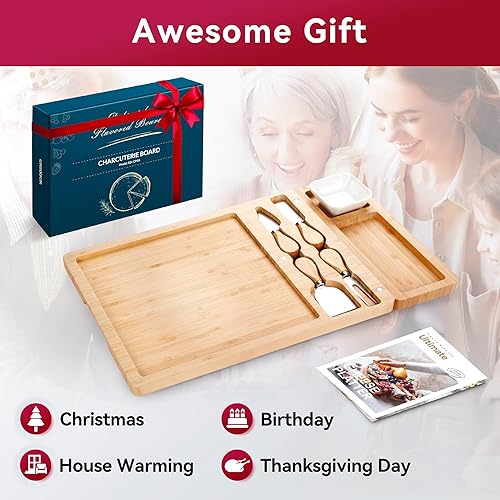 Miniatura 6 de Juego de tablas de charcutería, tabla de queso de bambú Easoger 2023, juego de tabla de charcutería y cuchillos - Juego de tablas de charcutería y