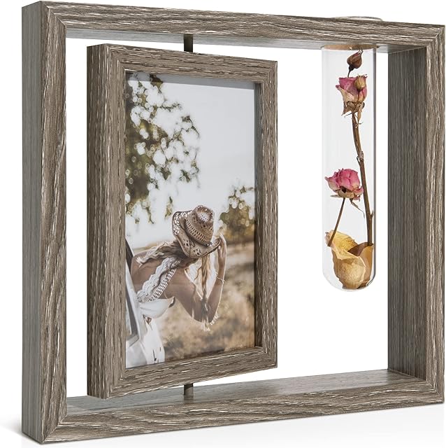Mazjoaru 6x4 Rotating Floating Picture Frames, Hydroponic Photo Frame Double-Sided Display with HD Glass Wooden Frame for Vertical Tabletop Display Decor Family Friends Best Gifts Brown