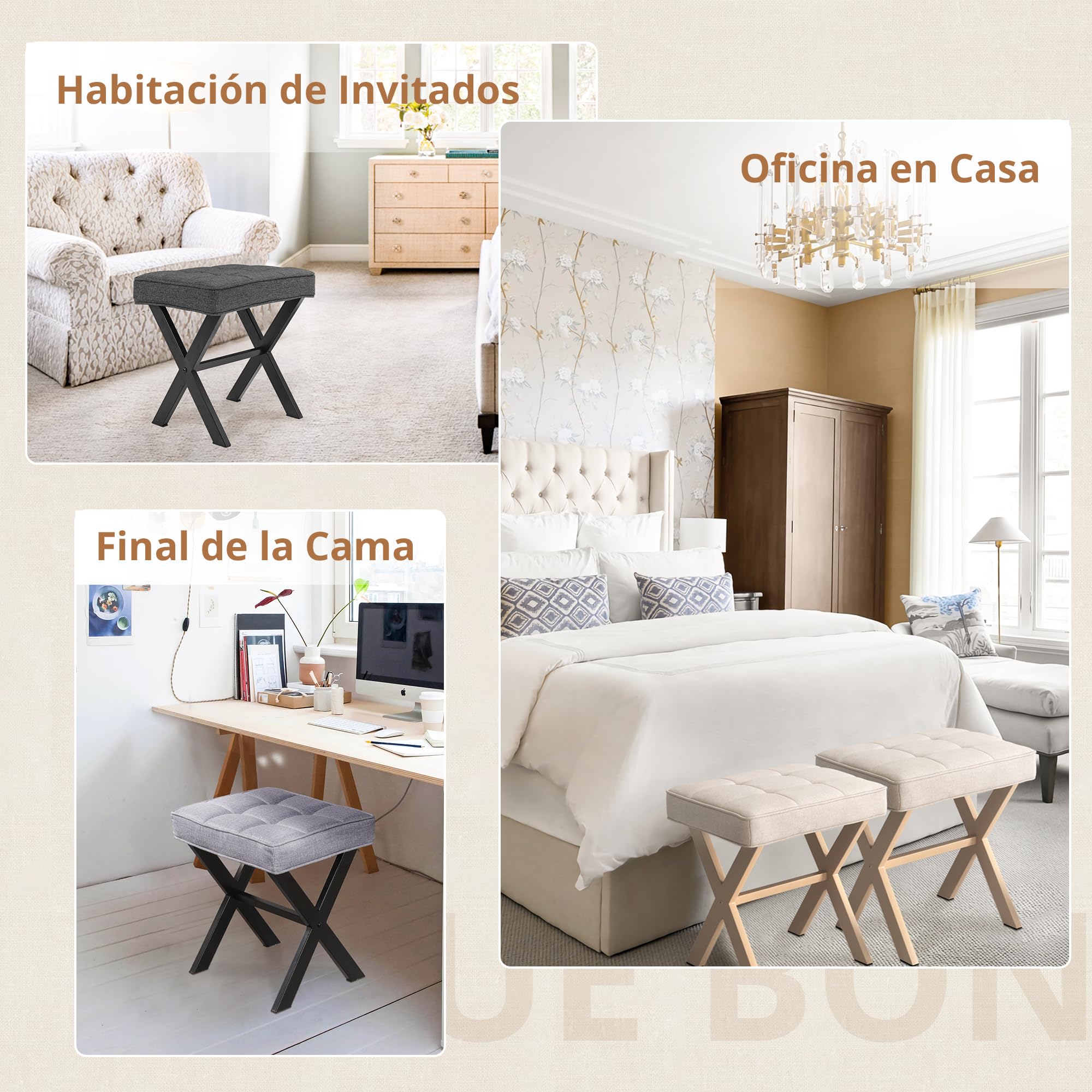 LUE BONATaburete acolchado de maquillaje con patas en X, otomano, reposapiés, de lino para salón, dormitorio, 43 x 33 x 46 cm, arena de lino