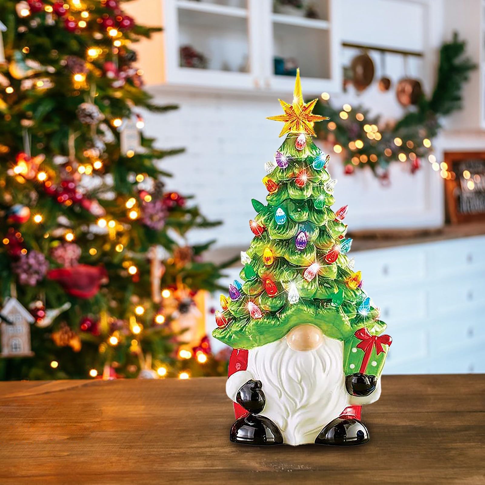 Lighted Christmas GNOME Tree, 8 Inch Faceless Old Man Ceramic