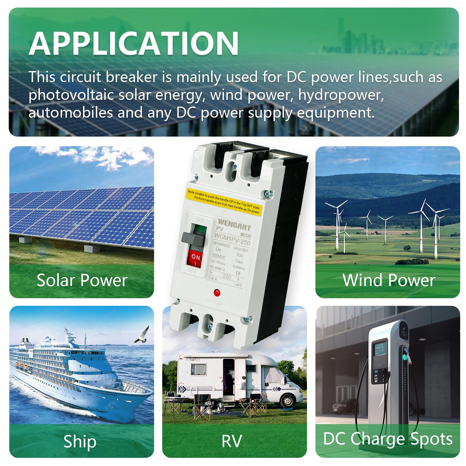 Wengart Disjoncteur MCCB WGM1PV-250, MAX 500V DC200A Disjoncteur solaire DC 2P, Améliorer la sécurité des systèmes photovoltaïques