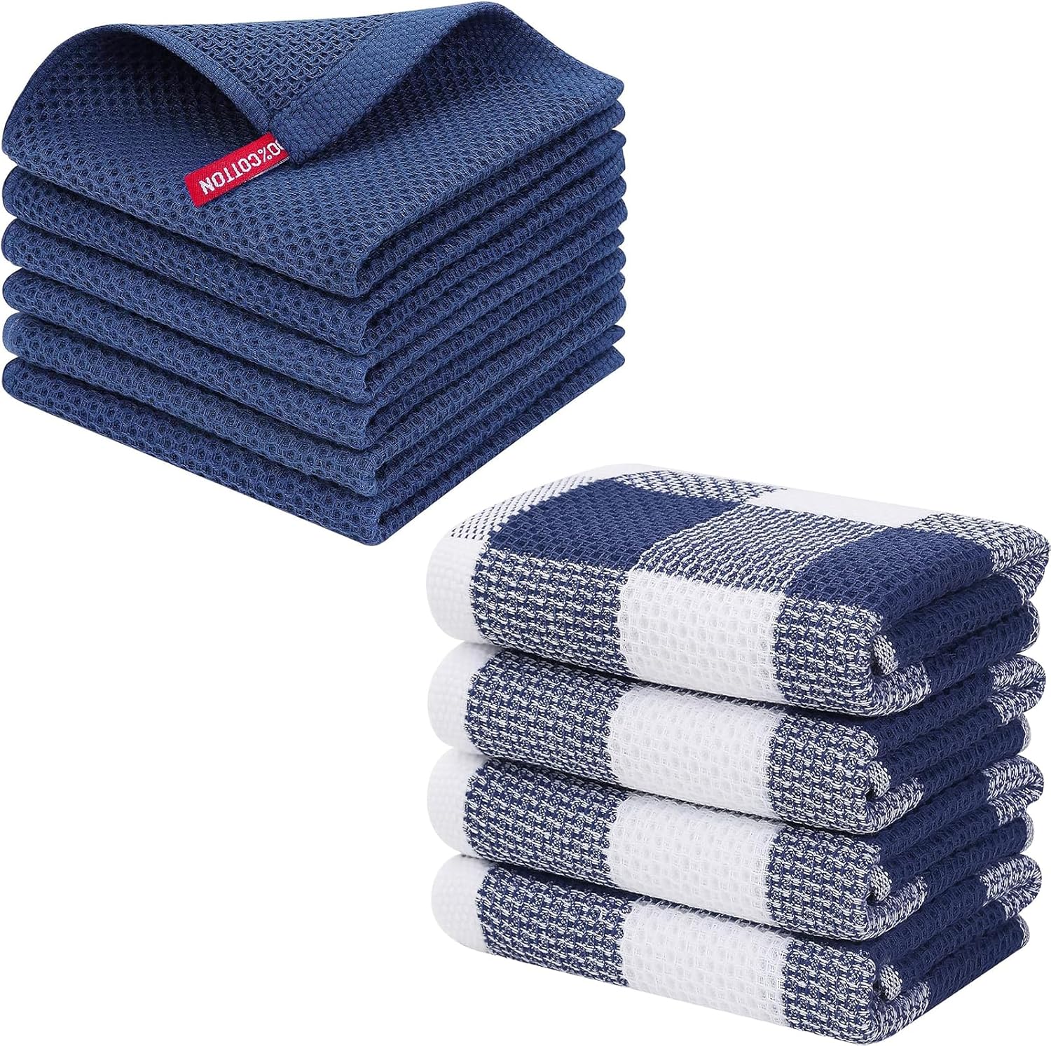 Homaxy 100% Cotton Waffle Weave Kitchen Dish Cloths, Navy Blue and 100% Cotton Waffle Weave Check Plaid Kitchen Towels, White & Navy Blue