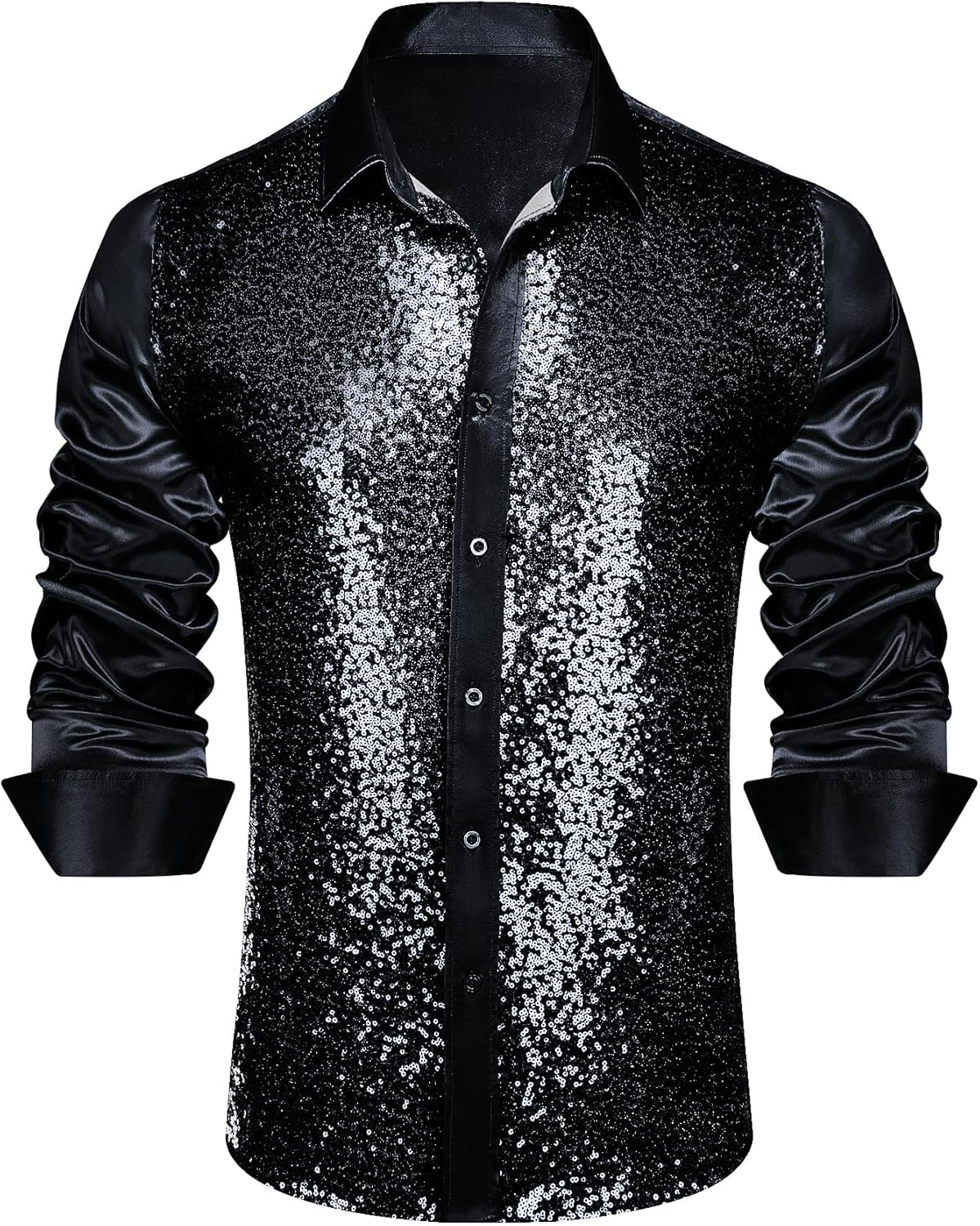Barry.Wang Mens Disco Shirt Sequins Satin Shiny Metallic Long Sleeve Button Down Shirts 70s Vintage Cocktail Nightclub Rock - Image 5