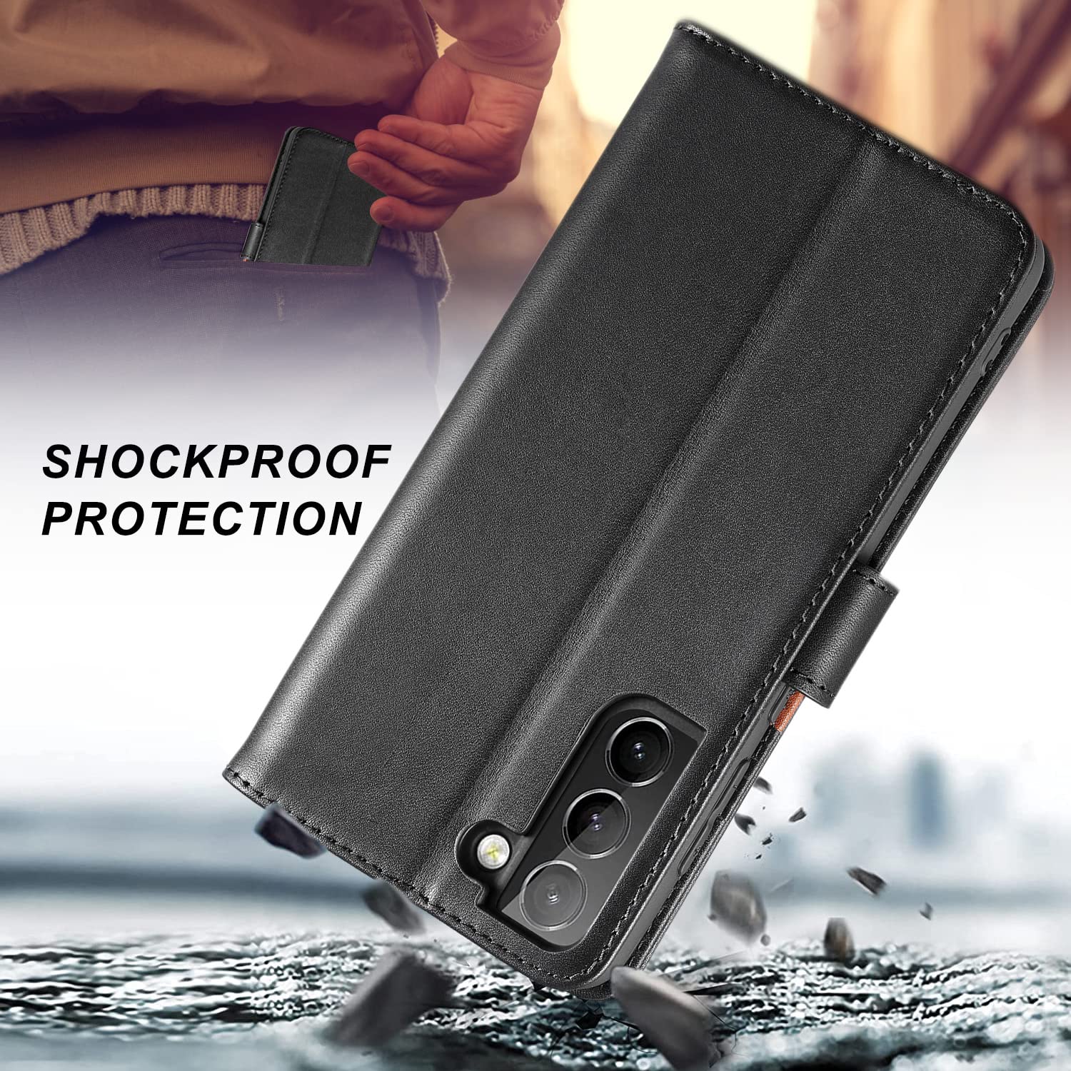 Etui LENSUN do Samsung Galaxy S21 FE 5G, etui z prawdziwej skóry portfel [RFID Blokad] z pamięcią na karty i zapięciem magnetycznym kompatybilne z Samsung S21 FE 5G- czarne (S21FE-JT-5BK)