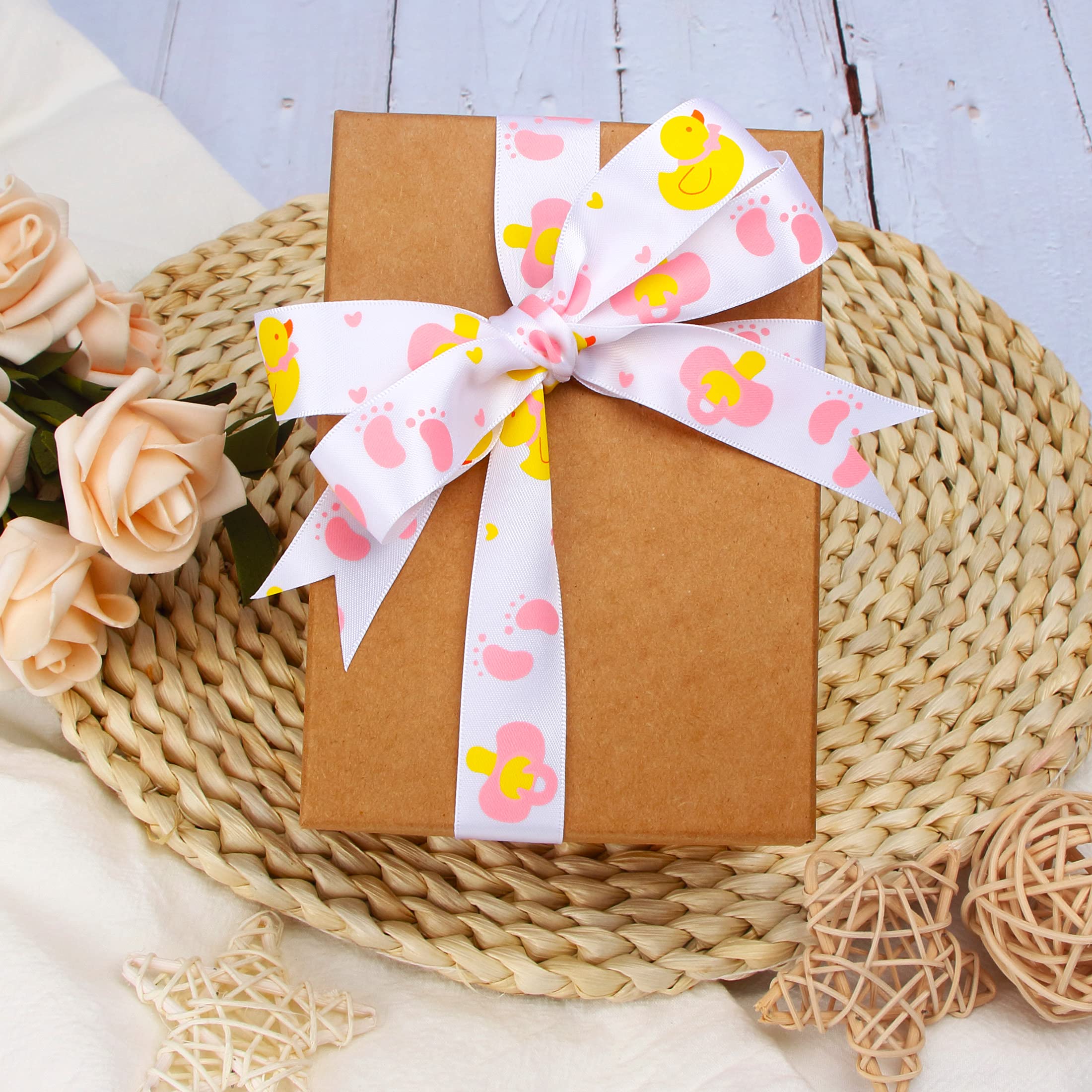 Ribbli Satin Pink Rubber Ducky Craft Ribbon,7/8-Inch x 10-Yard,Pink/White/Yellow,Use for Hair Bows,Wreath,Birthday,Baby Shower,Diaper Cake,Gift Wrapping,Party Decoration,All Crafting and Sewing