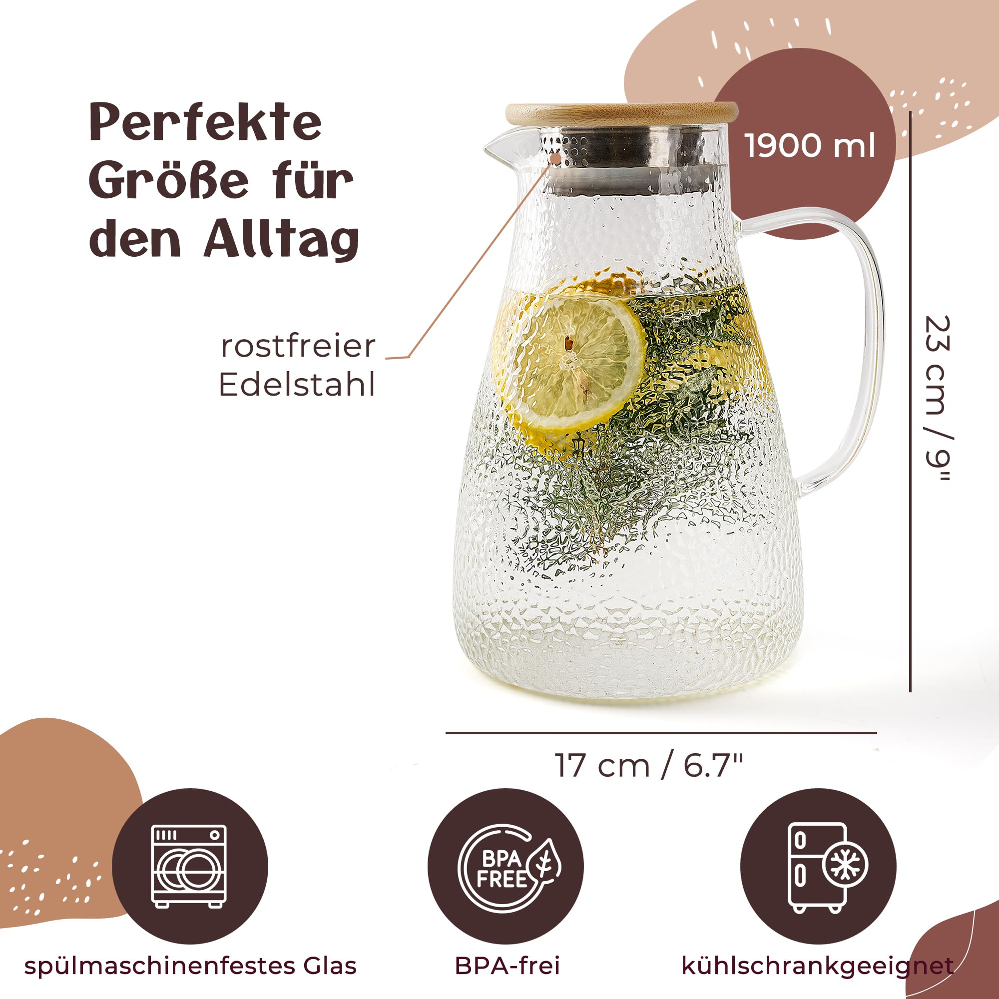 Caraffa in vetro con coperchio, 1,9 litri, in vetro rinforzato, caraffa in vetro per bevande calde e fredde, teiera, brocca per acqua con coperchio in bambù