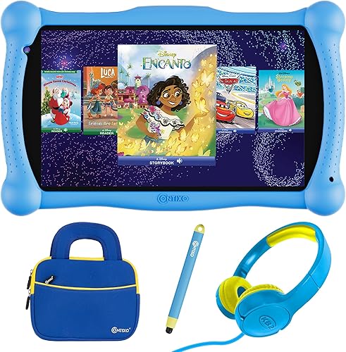 Contixo Paquete de tabletas de aprendizaje Disney Kids de 7 pulgadas, auriculares, lápiz capacitivo y bolsa, libro de cuentos Disney preinstalado