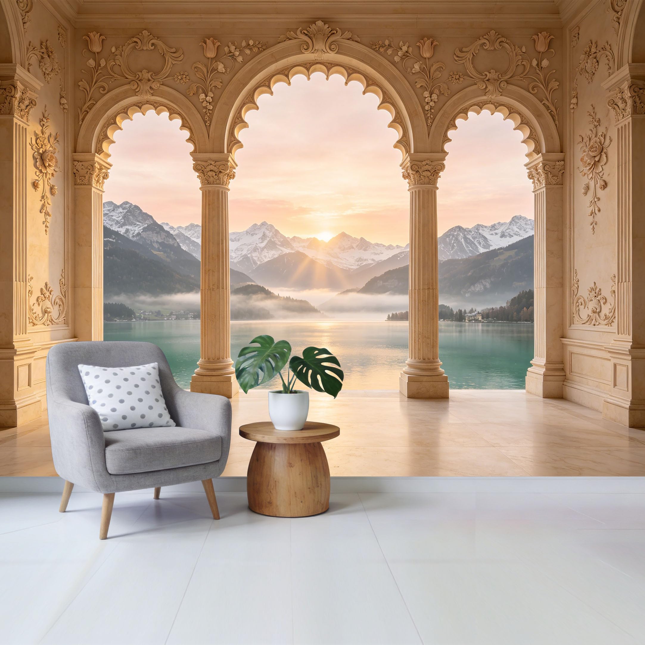 Removable Self Adhesive Fabric Mural， Neoclassical Arch Mountain Lake Custom Size Wall Covering， UV Protected Waterproof Washable Wall Decor for Living Room Bedroom Bathroom