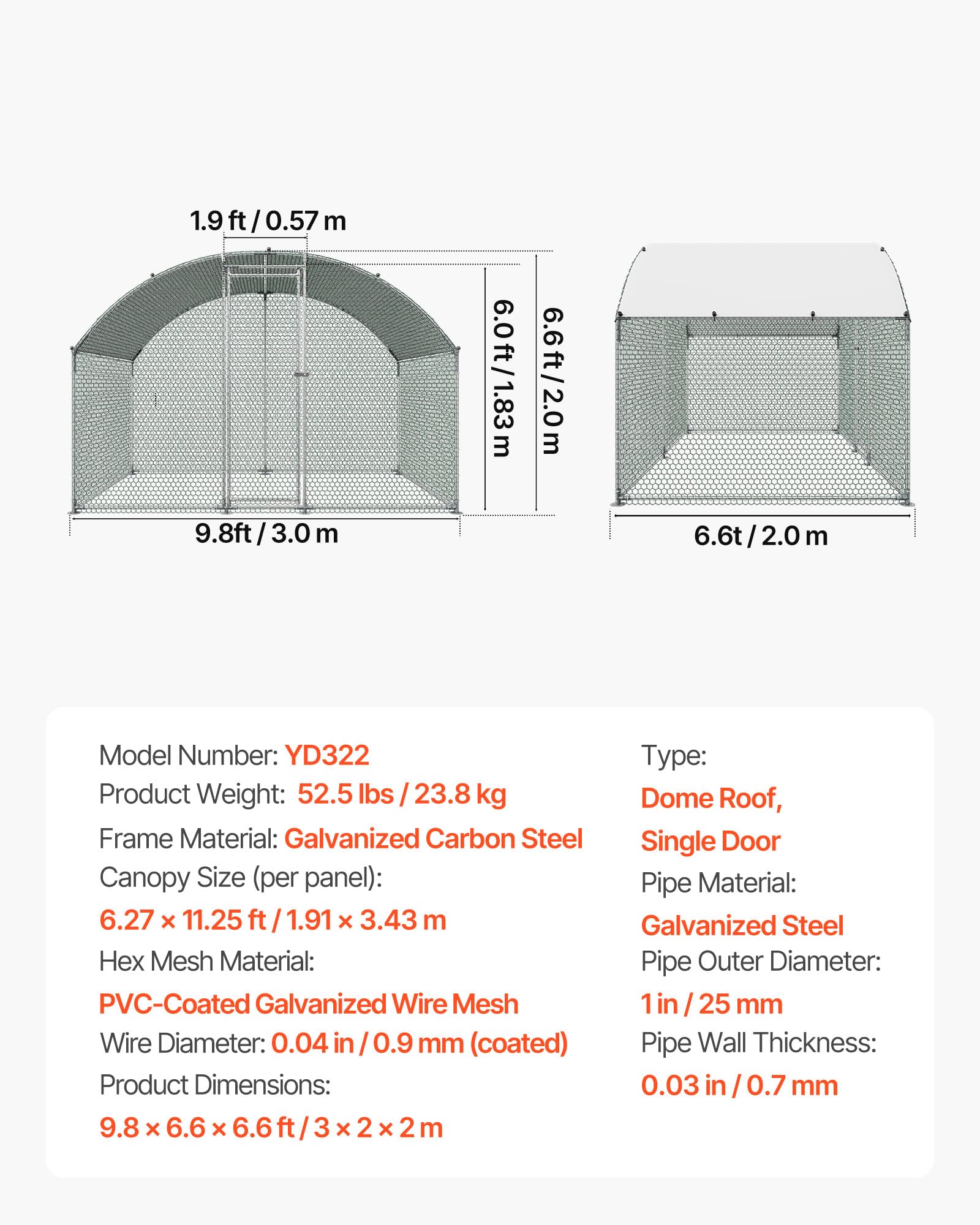 VEVOR Gallinero de Metal 3 x 2 x 2 m, Corral Grande para Gallinas con Cubierta, Cerramiento de Gallinero con Techo Abuhardillado y Cerradura de Seguridad para Patos, Conejos y Aves de Corral