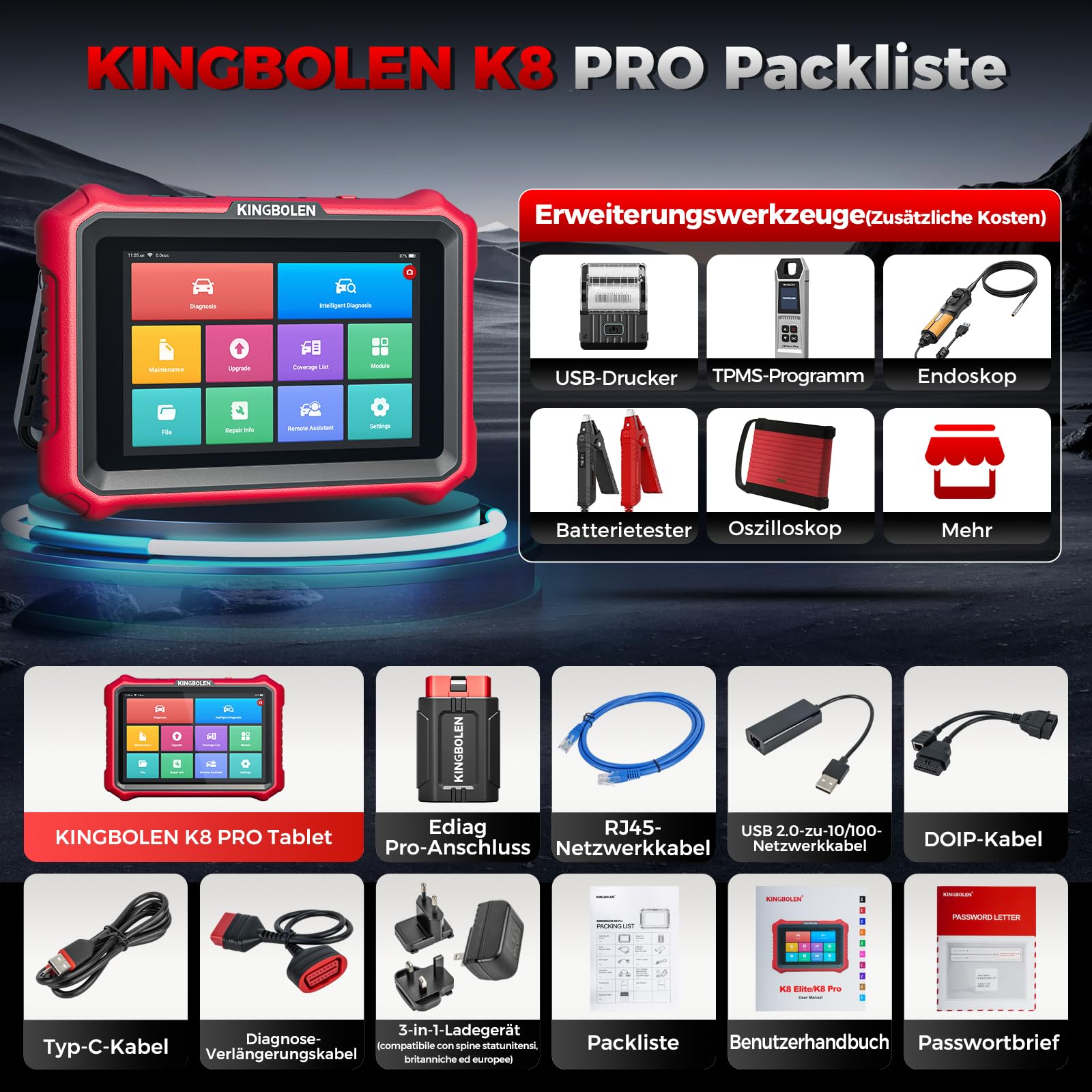 KINGBOLEN K8 PRO Obd2 Diagnosegerät Bluetooth,Alles System Diagnosegerät Auto mit Bi-Direktionale,42+ Dienst Zurücksetzen,ECU-Kodierung,V.A.G-geführte,FCA,CANFD＆DOIP,Lebenslanges Kostenloses Update