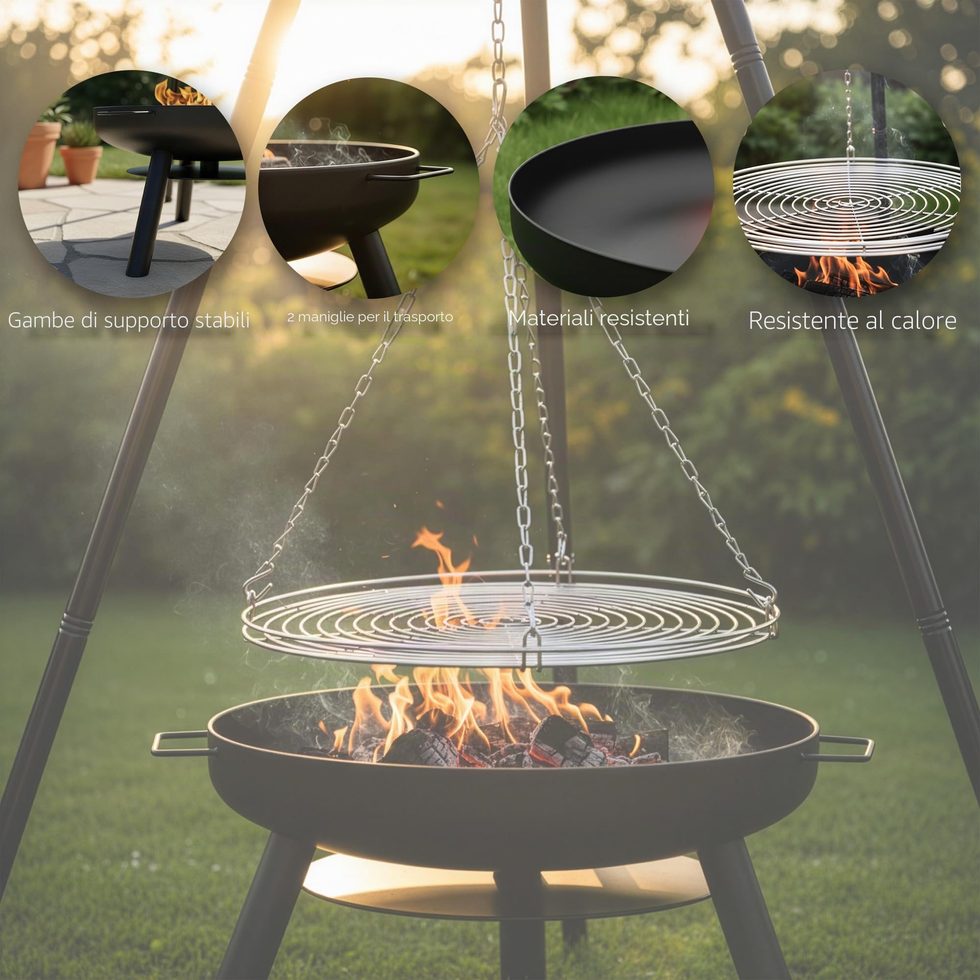 LEHMANN Braciere da Giardino con Griglia Ø 60 cm - Braciere da Esterno per Terrazza, Giardino, Balcone - Struttura in Acciaio - Robusta e Durevole - Nero - 12 kg