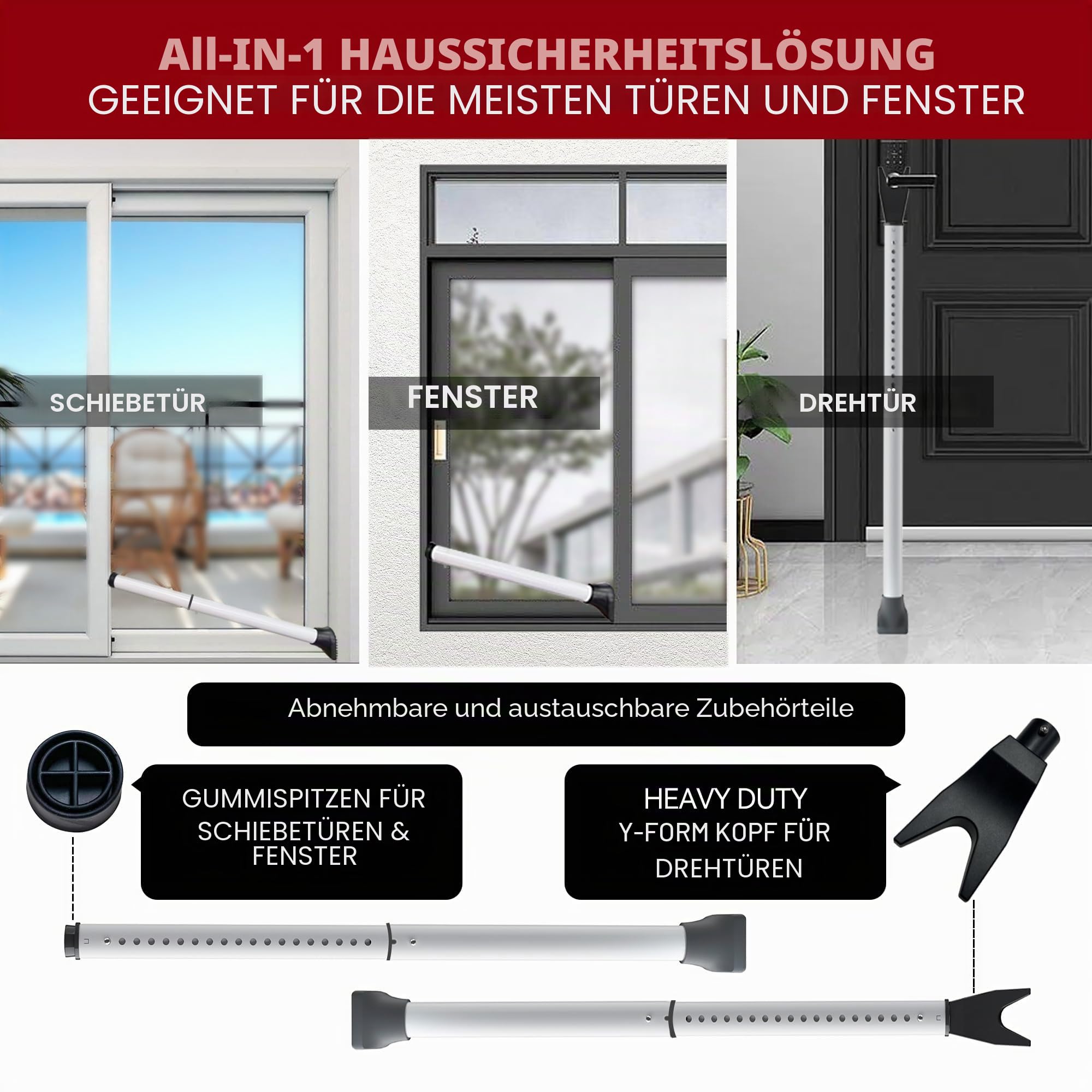Tür Sicherheitsstange, Weiß 1-Pack Erweiterter Sicherheitsstange für Türen, Heavy Duty Türsicherung, Einstellbarer Balkontür Sicherung, Einbruchschutz Fenster, Tür Sicherheit für Zuhause, Wohnung
