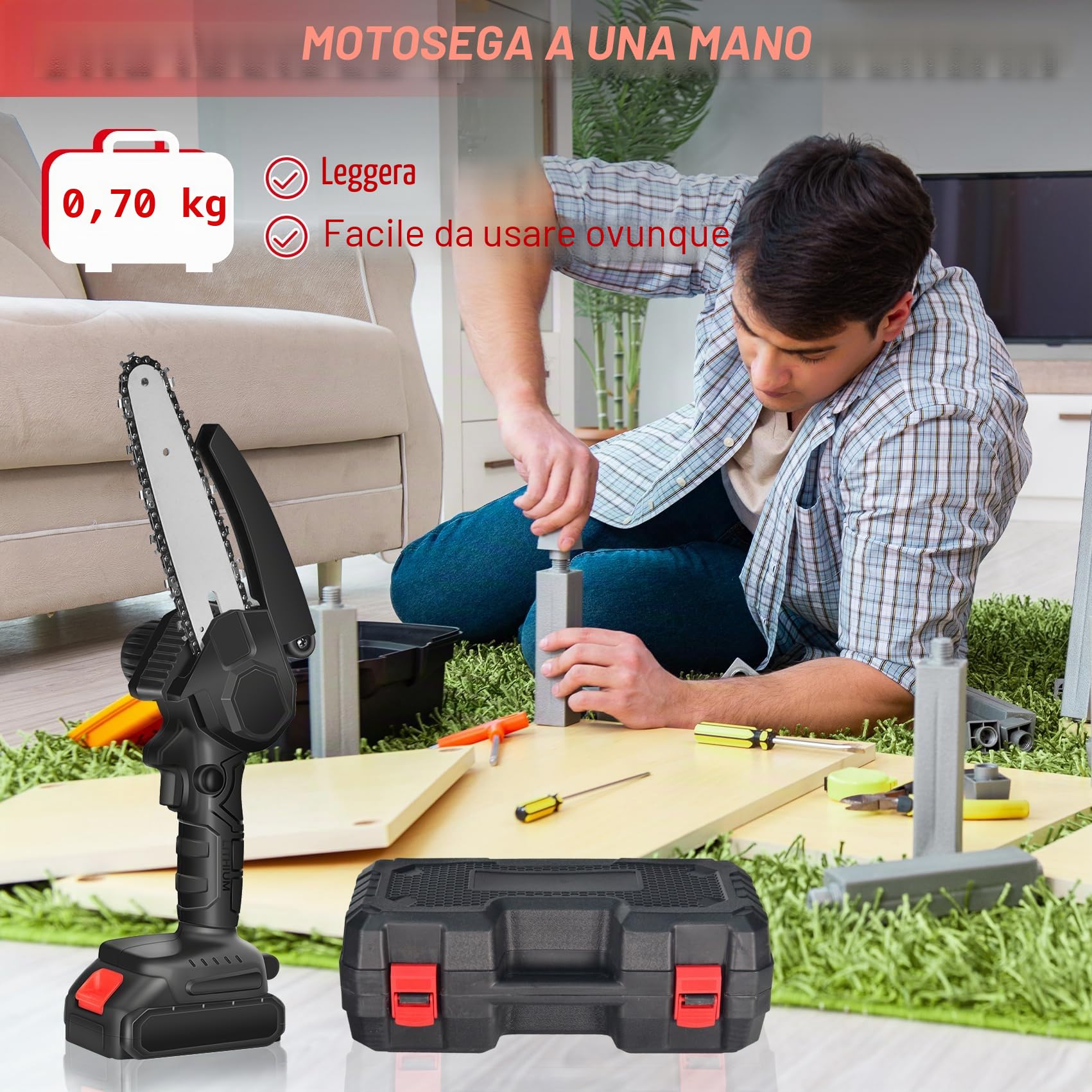 Mini Motosega a Batteria per Potatura, Mini Motosega a Batteria 6 Pollici Con Blocco di Sicurezza per il Taglio del Legno e Giardini, Motosega Professionale Elettrica con 2 Batterie