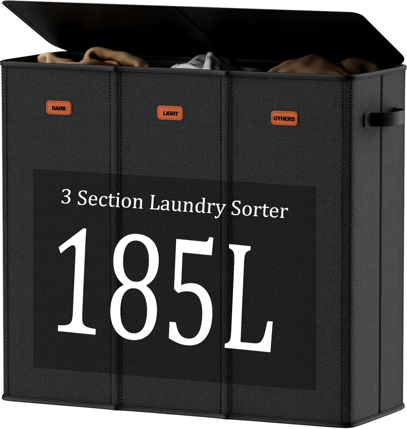 185L Laundry Hamper 3 Section with Lid, Black Dirty Clothes Hamper with 3 Removable Laundry Bags, Large Laundry Basket for Bedroom, Laundry Room, Dorm