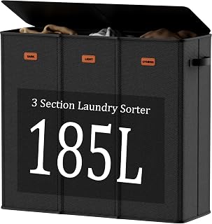 185L Laundry Hamper 3 Section with Lid, Black Dirty Clothes Hamper with 3 Removable Laundry Bags, Large Laundry Basket for Bedroom, Laundry Room, Dorm