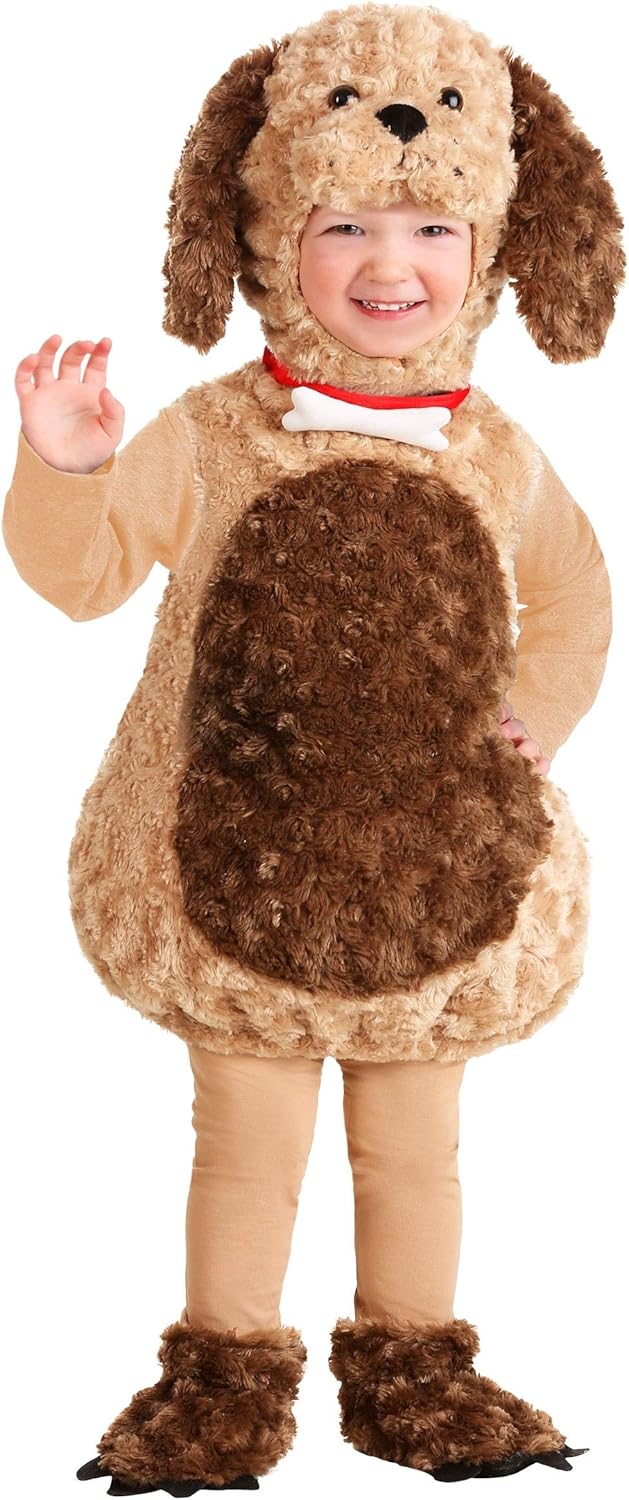Toddler Puppy Costume | Super Soft Faux Fur Dog Bodysuit with Headpiece, Collar and Bone Bow For Animal Dress Up