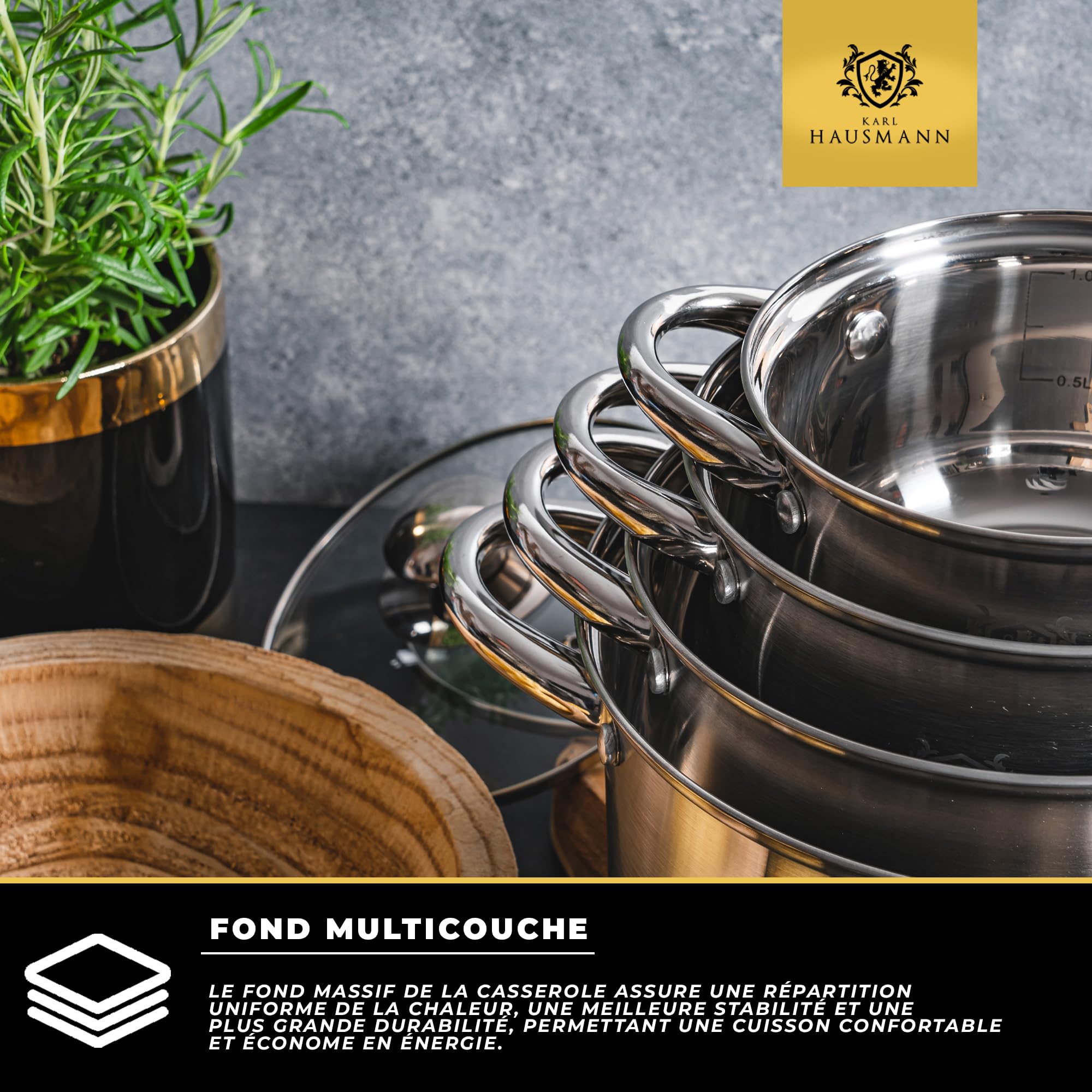 KARL HAUSMANN Lot de 4 Casseroles Induction Inox - Avec Couvercle Verre - Sans Revêtement - Compatibles Cuisinière, Gaz, Électrique - Graduation Intégrée - Set Casserole Tout Feux Cuisine