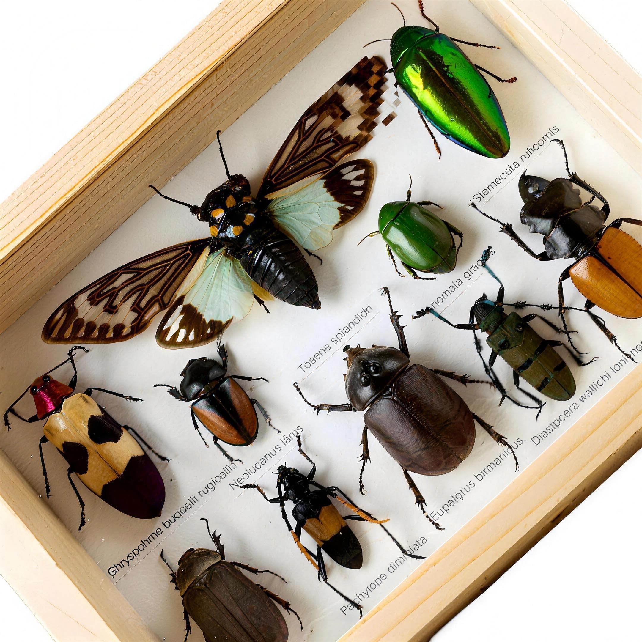 Véritables insectes taxidermiques - 10 insectes mixtes - Décoration murale avec fermoir à suspendre et cadre en bois - Pour collections, éducation et décoration d'intérieur C