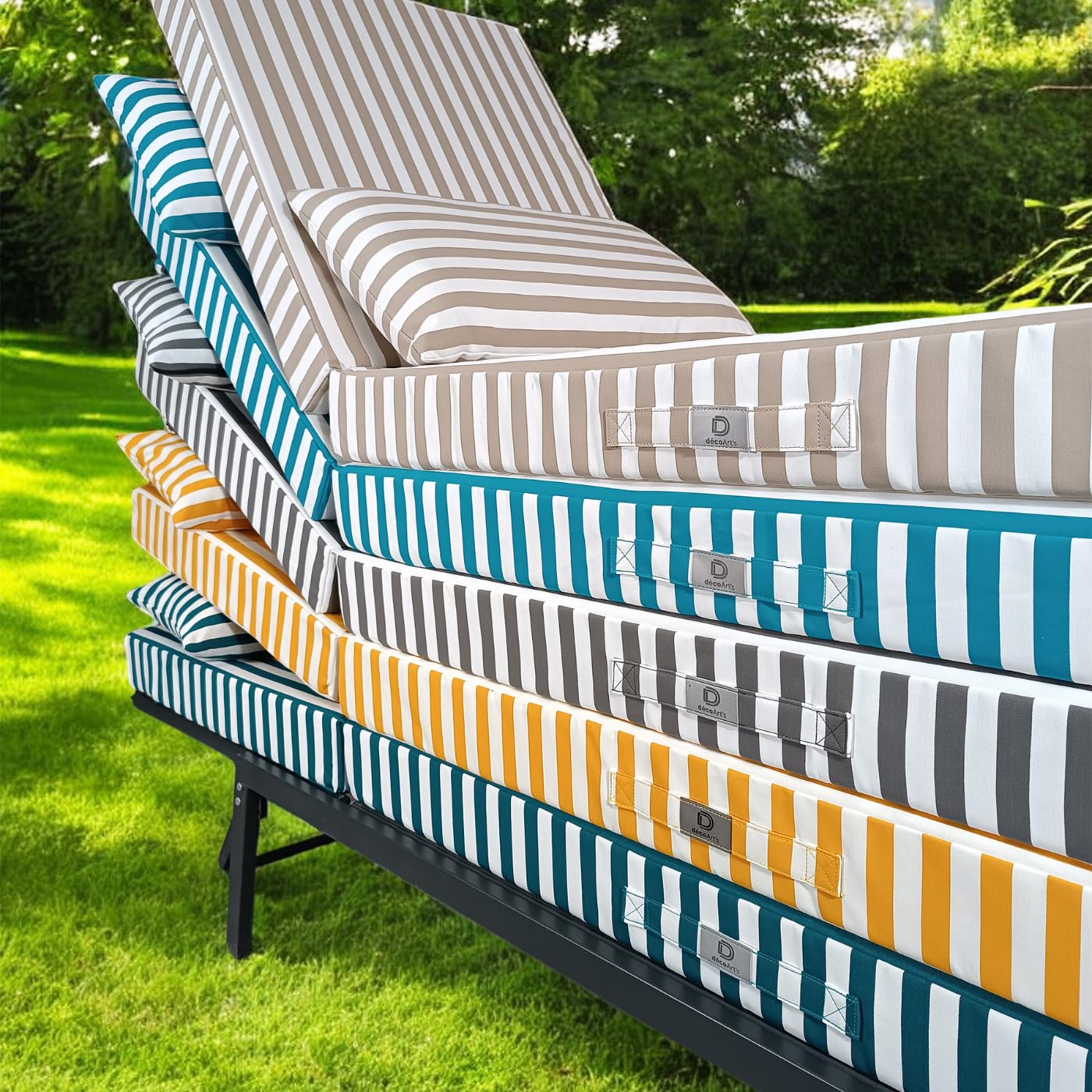 DÉCO Arts Colchoneta Tumbona 190x60x10 cm con Reposacabezas — Cojín Tumbona Desenfundable Repelente al Agua Anti-UV — Tela 270 g/m² Oeko-Tex — Exterior Jardín — A Rayas Beige