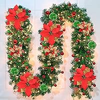 Vista 1 de Guirnalda de Navidad artificial preiluminada, ratán verde con decoraciones de flores rojas y luces LED que funcionan con pilas para escaleras