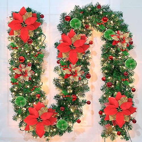 Guirnalda de Navidad artificial preiluminada, ratán verde con decoraciones de flores rojas y luces LED que funcionan con pilas para escaleras del