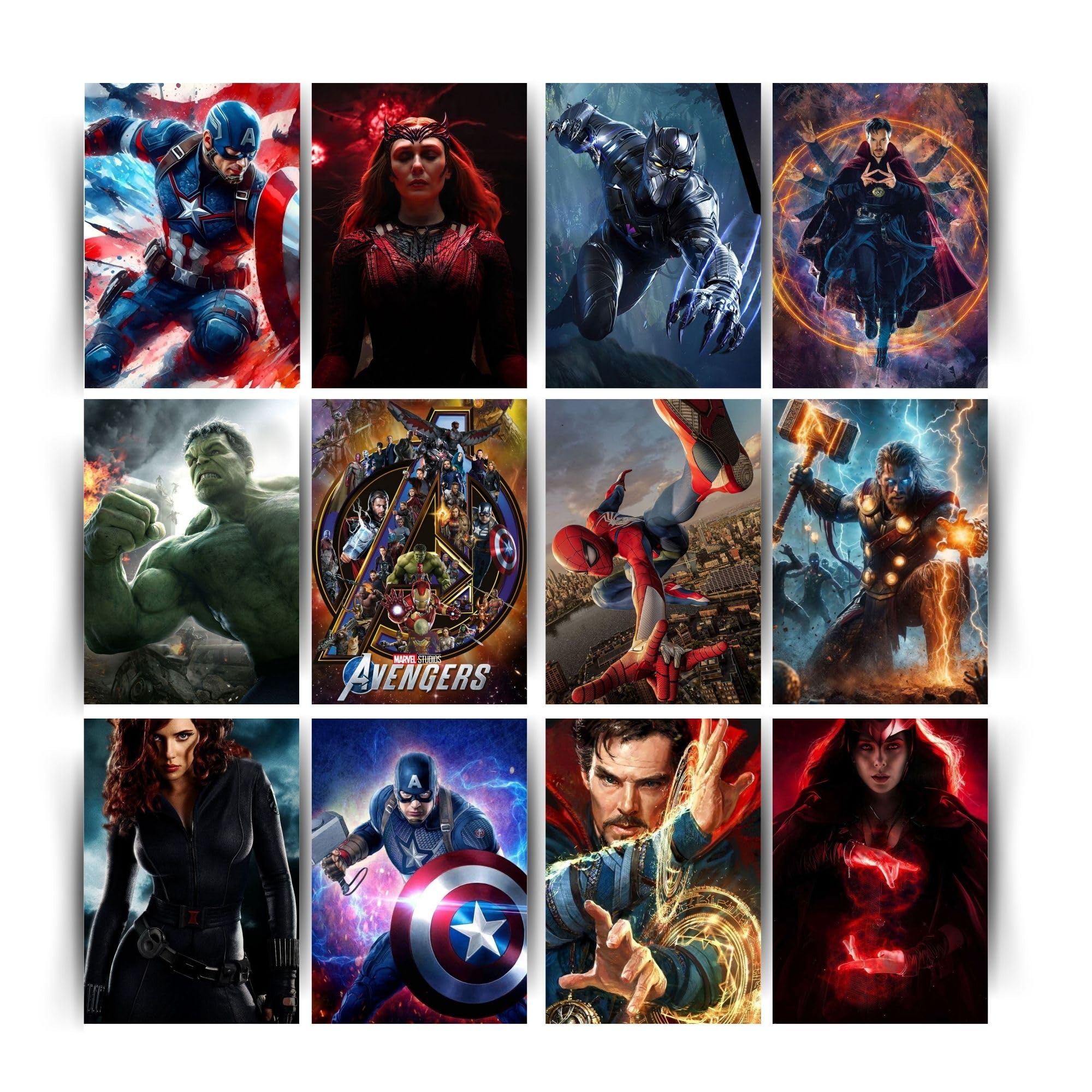 Posters Inc Set of 12 Marvel Heroes Self Adhesive Posters for Wall Home Decoration Items for Living Room Aesthetic Wall Stickers Birthday Gift for Men 300 GSM A4 Size Paper Glue Dots Included 21 cm