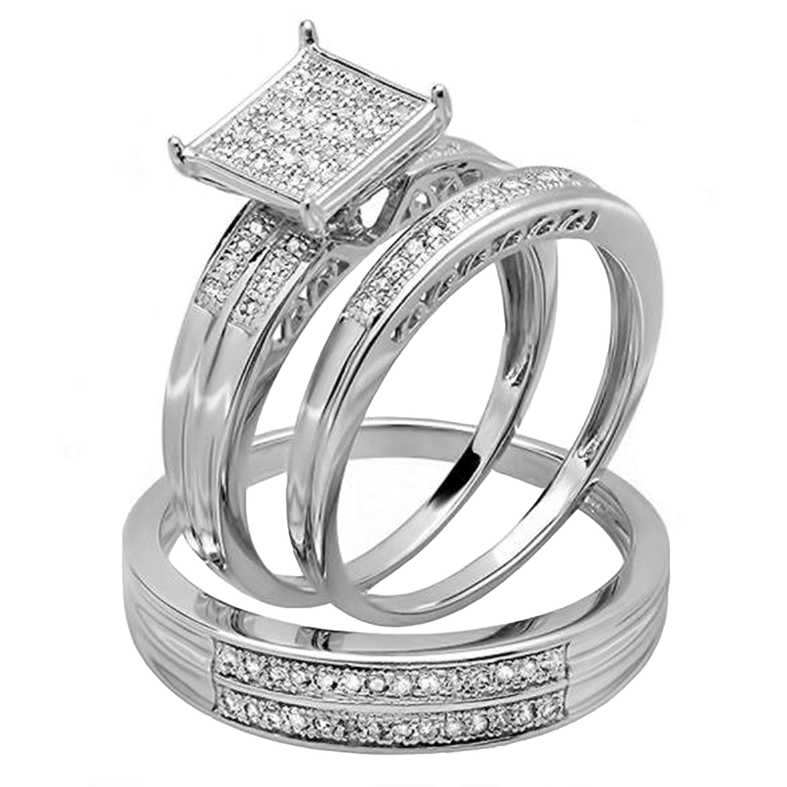 Dazzlingrock Collection - Juego de trio de compromiso de diamante blanco redondo de 0,23 quilates (peso total de quilates) para hombre y mujer, plata de ley de 1/4 quilates.
