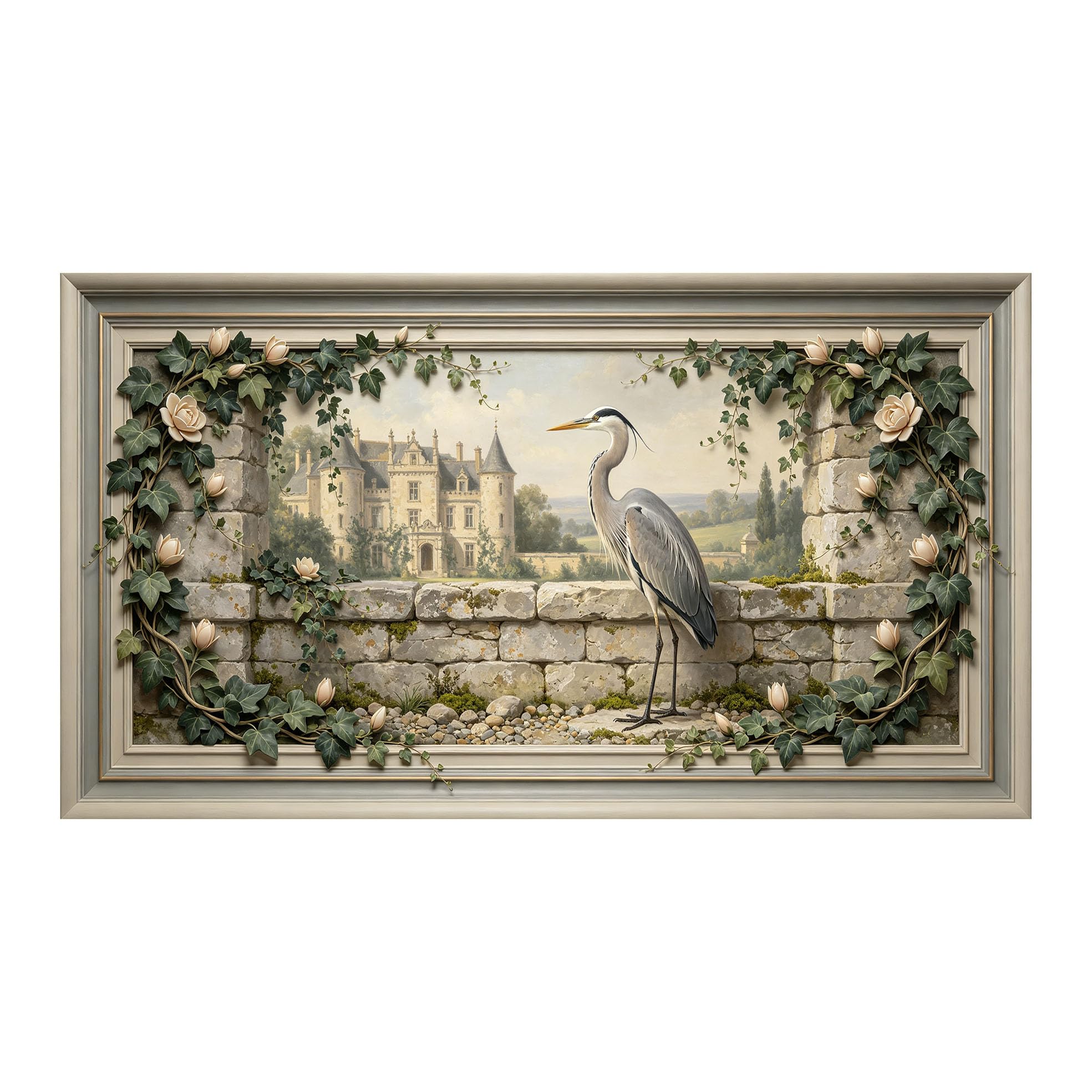 Yzpallescene 3D 3D Framed Wall Art 50cm×90cm European Castle Landscape Heron Floral Oil Painting Large Size SelfAdhesive Removable Wall Decor Prints Artwork for Living Room Bedroom Office