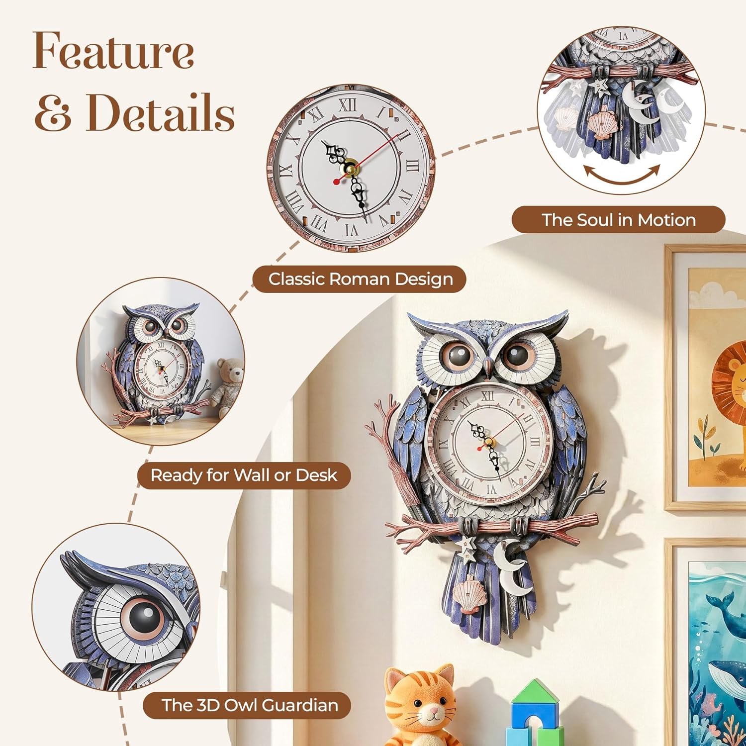 3D Wooden Puzzle Clock - Owl with Moon & Stars Design, DIY Mechanical Pendulum Wall Clock, Unique Night Theme Decor Gift for Adults & Teens