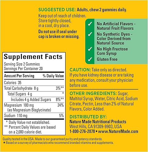 Miniatura 5 de Nature Made Gomitas de glicinato de magnesio de alta absorción 100 mg por porción, soporte muscular, nervio, hueso y corazón, suplemento de