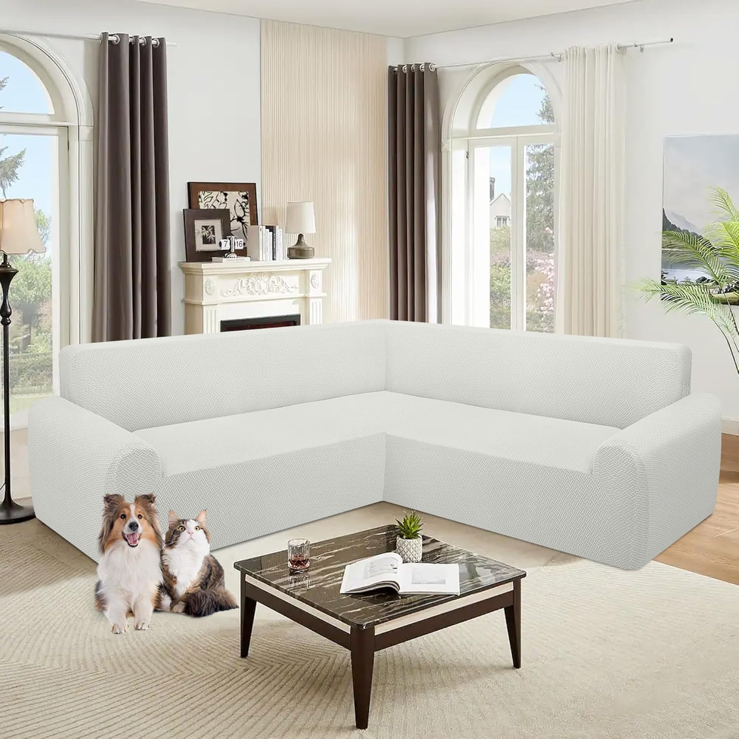 ALIECOM Extra Soft Corner Sectional Sofa Covers L Shaped Couch Cover Sectional Slipcovers with Non Slip Foams Jacquard Stretch U Shape Furniture Protector for Pets Dogs (Ash Grey, Large)