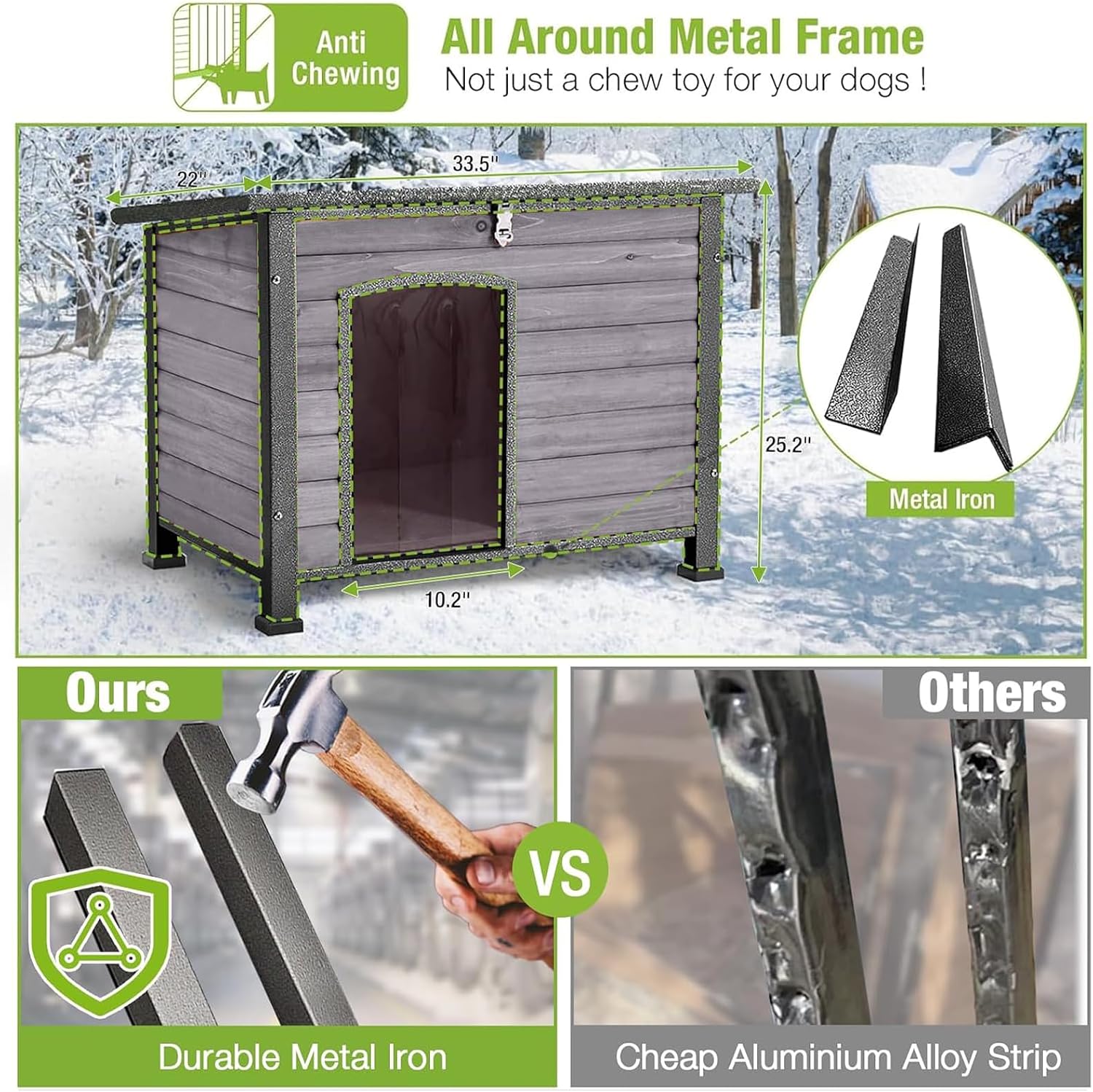 GUTINNEEN Heated Dog House Outdoor Insulated Dog Kennel with Heater, Durable Metal Frame, Chew-Resistant Cord, 6-Sided Thermal Liner, PVC Door Curtain for Winter (Grey)