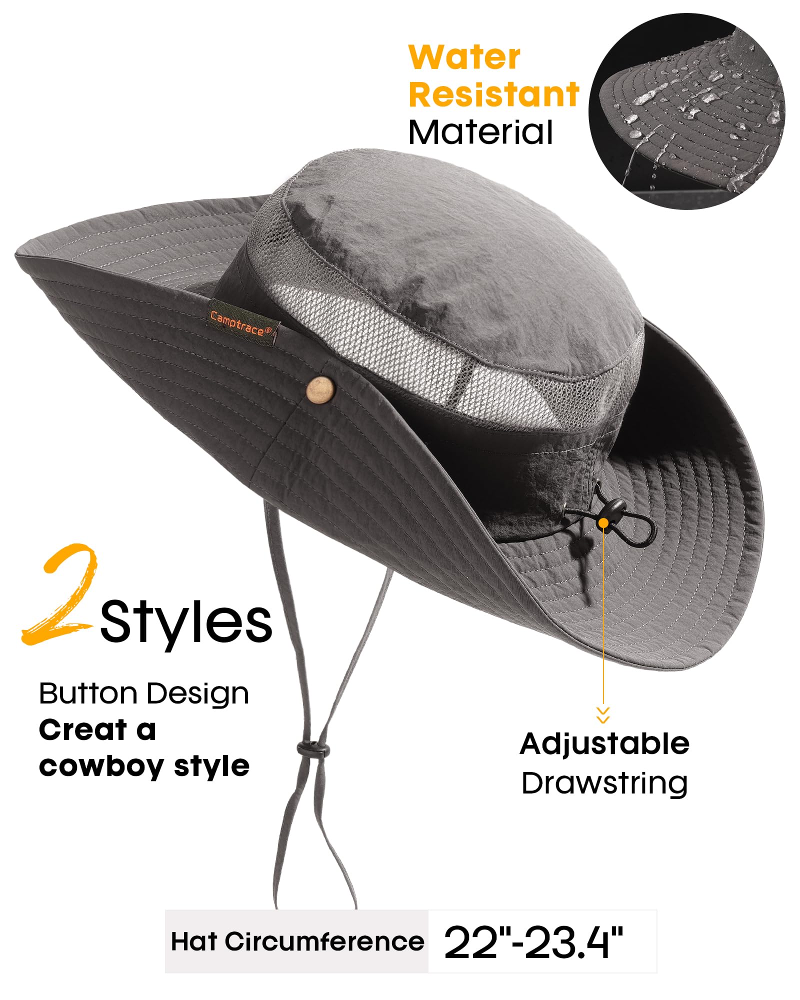 Sombreros de sol para mujeres y hombres, transpirables, de ala ancha, sombrero de pesca, senderismo, verano, protección UV, sombreros de cubo UPF 80+, Gris oscuro, Talla única 5