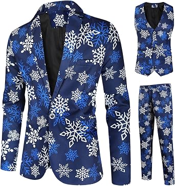 Christmas Suit for Men, Holiday Ugly Funny Printed Party Costume Mens 3 Piece Slim Fit Suit Blazer Vest Pants Set