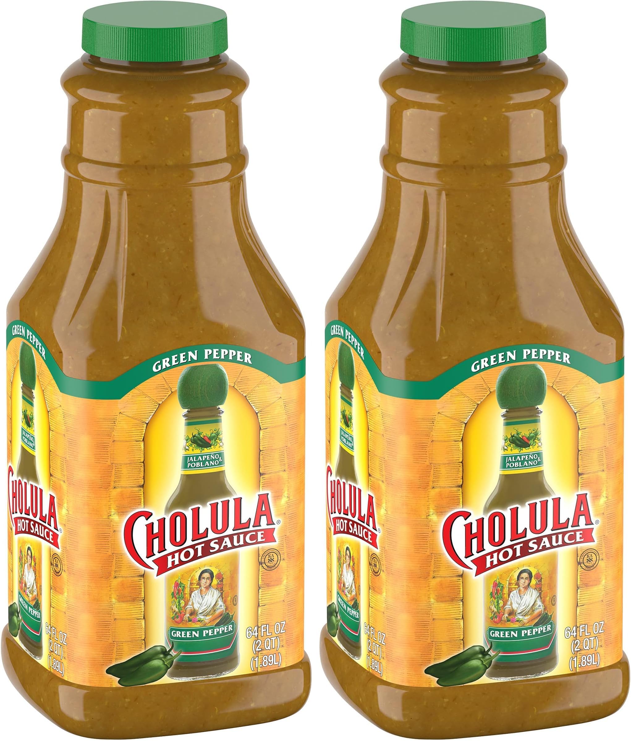 Cholula Green Pepper Hot Sauce, 64 fl oz | Crafted with Jalapeno and Poblano Peppers and Signature Spice Blend | Gluten Free, Kosher, Vegan, Low Sodium (Pack of 2)