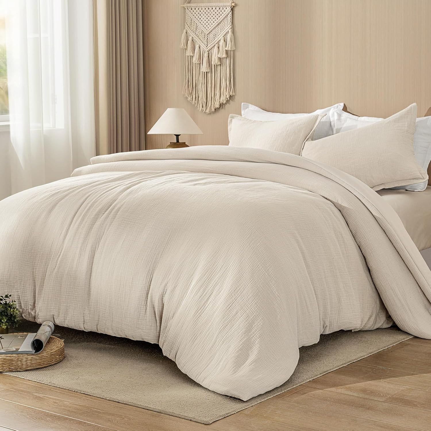 PHF Cotton Muslin Comforter Set Queen Size, Ultra Soft, Breathable & Lightweight All-Season Bedding, Filling: 100% Polyester, 3 Pieces with 1 Comforter 90"x90" and 2 Pillow Shams 20"x26", Natural - Thumbnail 2