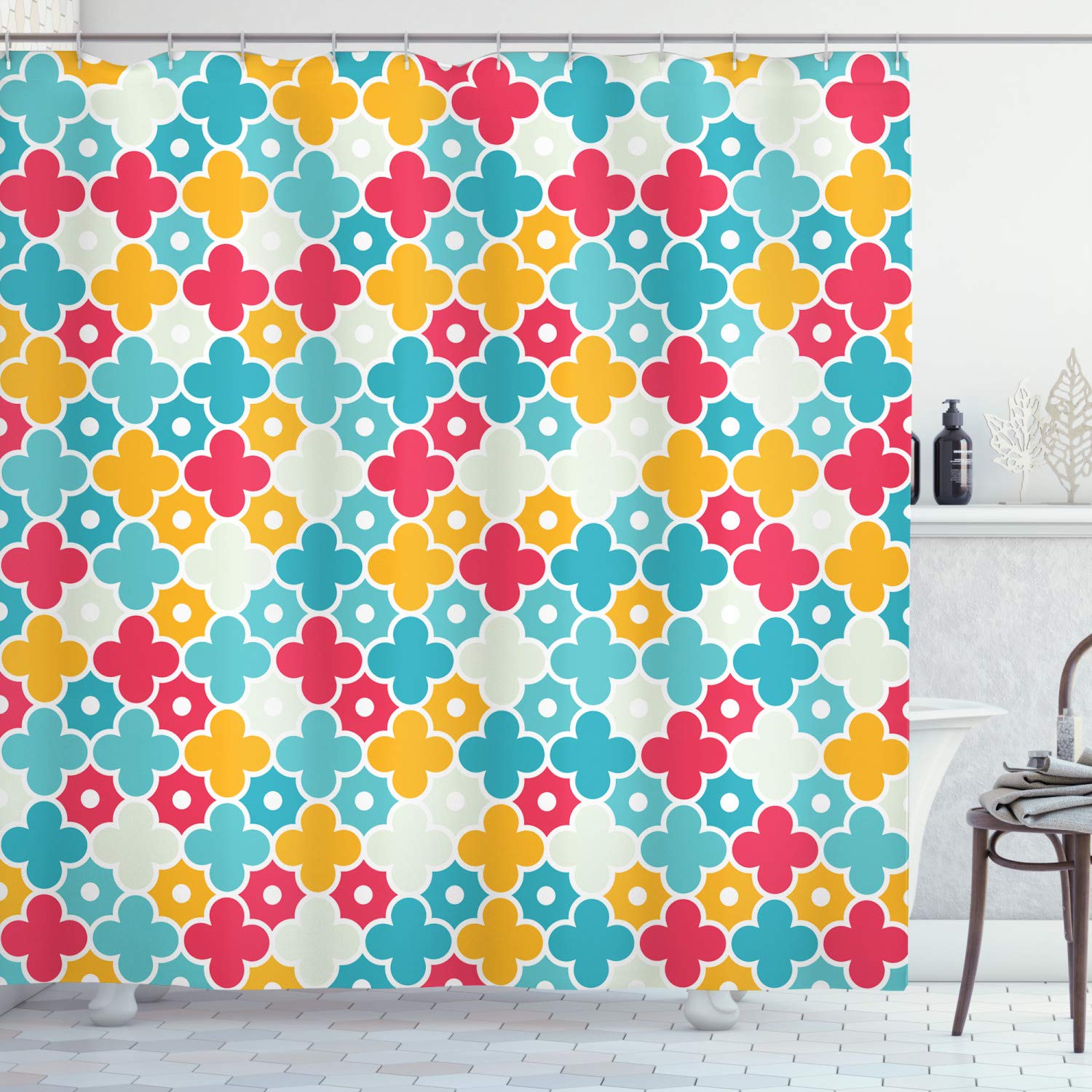 Ambesonne Quatrefoil Shower Curtain, Colorful Petal Clover Leaves Pattern Bohemian Casual Theme, Cloth Fabric Bathroom Decor Set with Hooks, 69