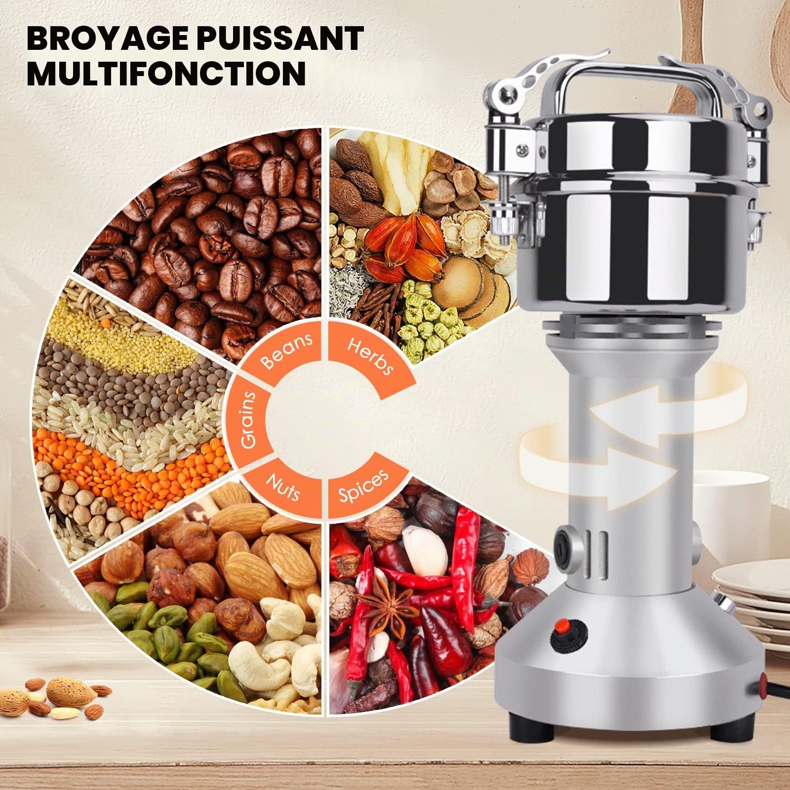 Moulin à Céréales Électrique, PaNt 500g Haute Vitesse Broyage Moulin à Épices Moulin Epices Grinder Électrique avec 3 Lames en Acier Inoxydable Machine à Poudre pour Céréales Herbes Épices Noix