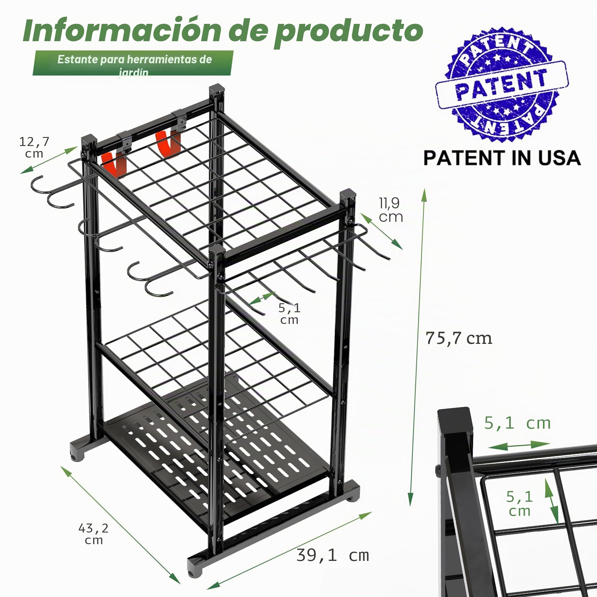 Organizador de herramientas de jardín de hasta 50 herramientas, organizador de herramientas de acero resistente para guardar en el garaje con 11 ganchos, soporte para escoba y estante de herramientas