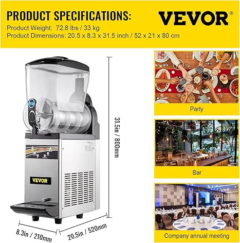 Miniatura 7 de VEVOR Máquina comercial de Margarita, 15L 1Tanks Máquina comercial granizada, 500W 110V, Batido de acero inoxidable Máquina congelada de bebidas,